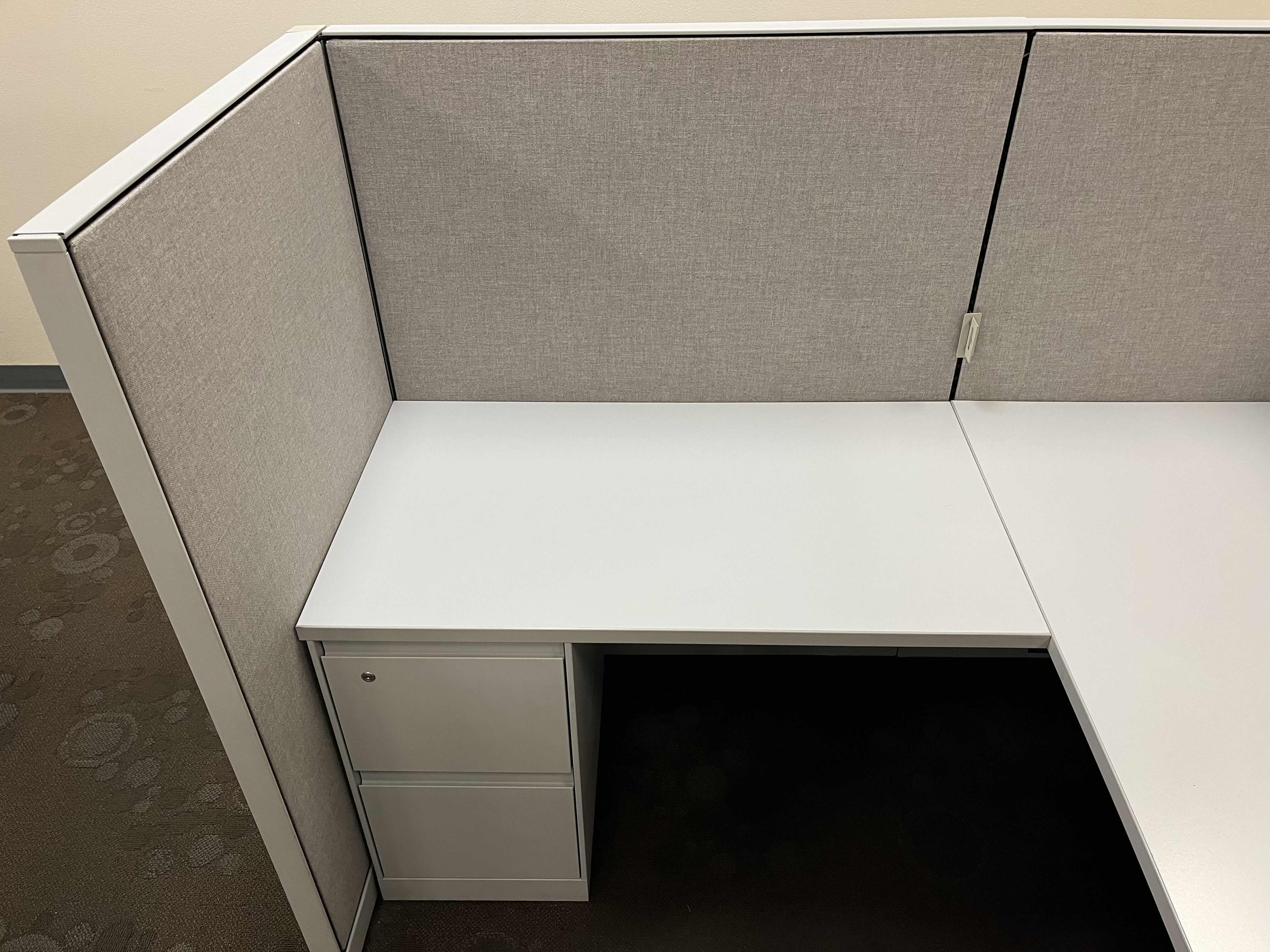 Photo 2 of STEELCASE BUILT IN CUBICLE L SHAPE 5 DRAWER OFFICE DESK 72” X 72” H27.5” W 4 CUBICLE PANELS 30.5”-42” X 54”