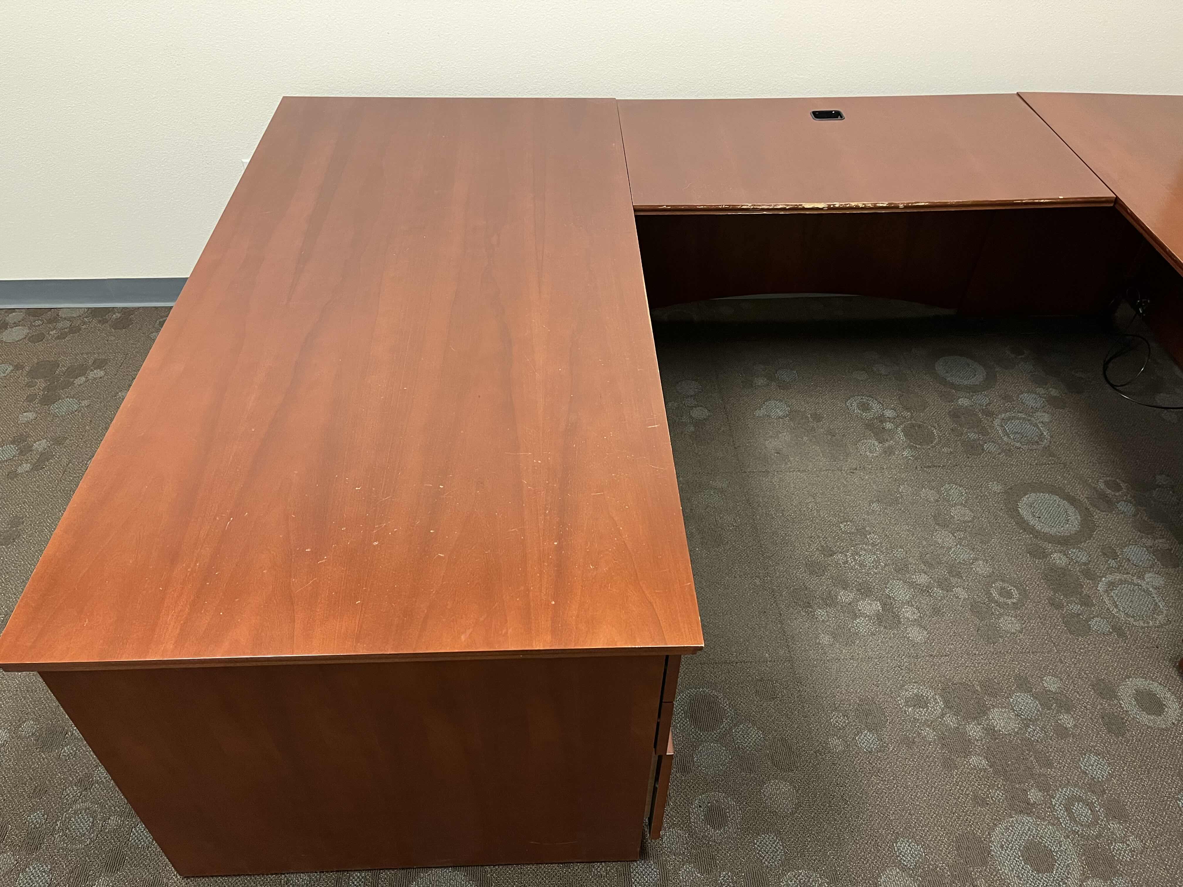 Photo 2 of STEELCASE CHERRY WOOD FINISH U SHAPE 5 DRAWER OFFICE DESK 105.25” X 72” H29”