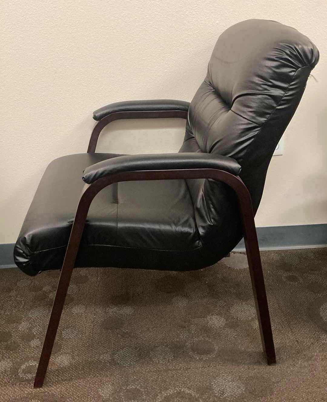 Photo 2 of LA-Z-BOY HORIZON BLACK VINYL CONFERENCE CHAIR W DARK CHERRY WOOD FINISH 24.5” X 26” X34”