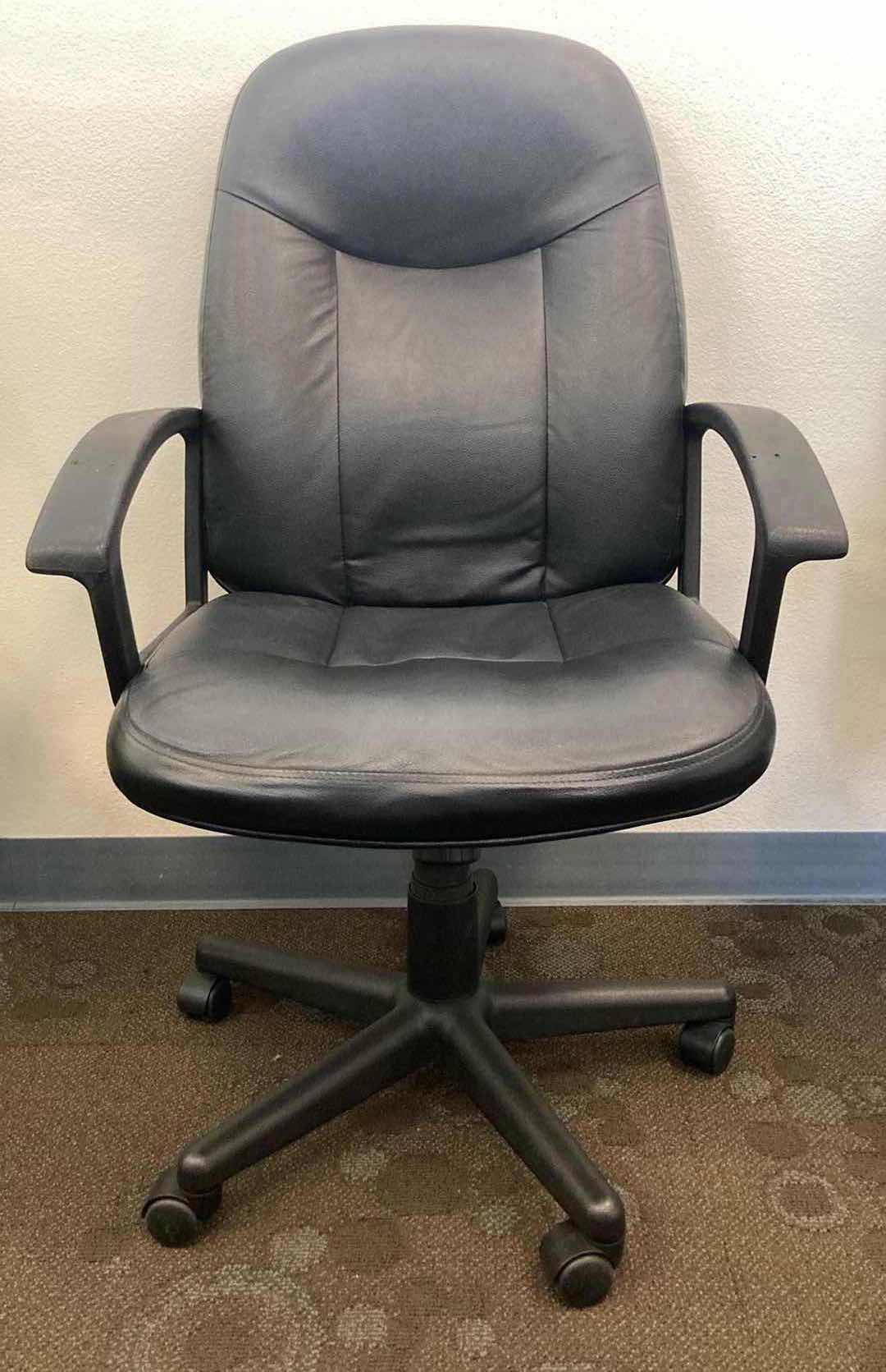 Photo 1 of HON BASYX BLACK LEATHER HIGH BACK SWIVEL OFFICE CHAIR 33.5” X 26” H38-43”