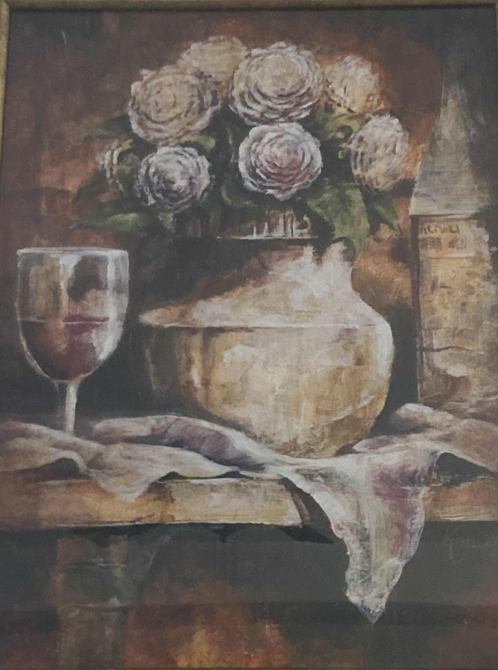 Photo 1 of ROSES & WINE WALL OIL PAINTING SIGNED BY ARTIST 31.75” X 38”