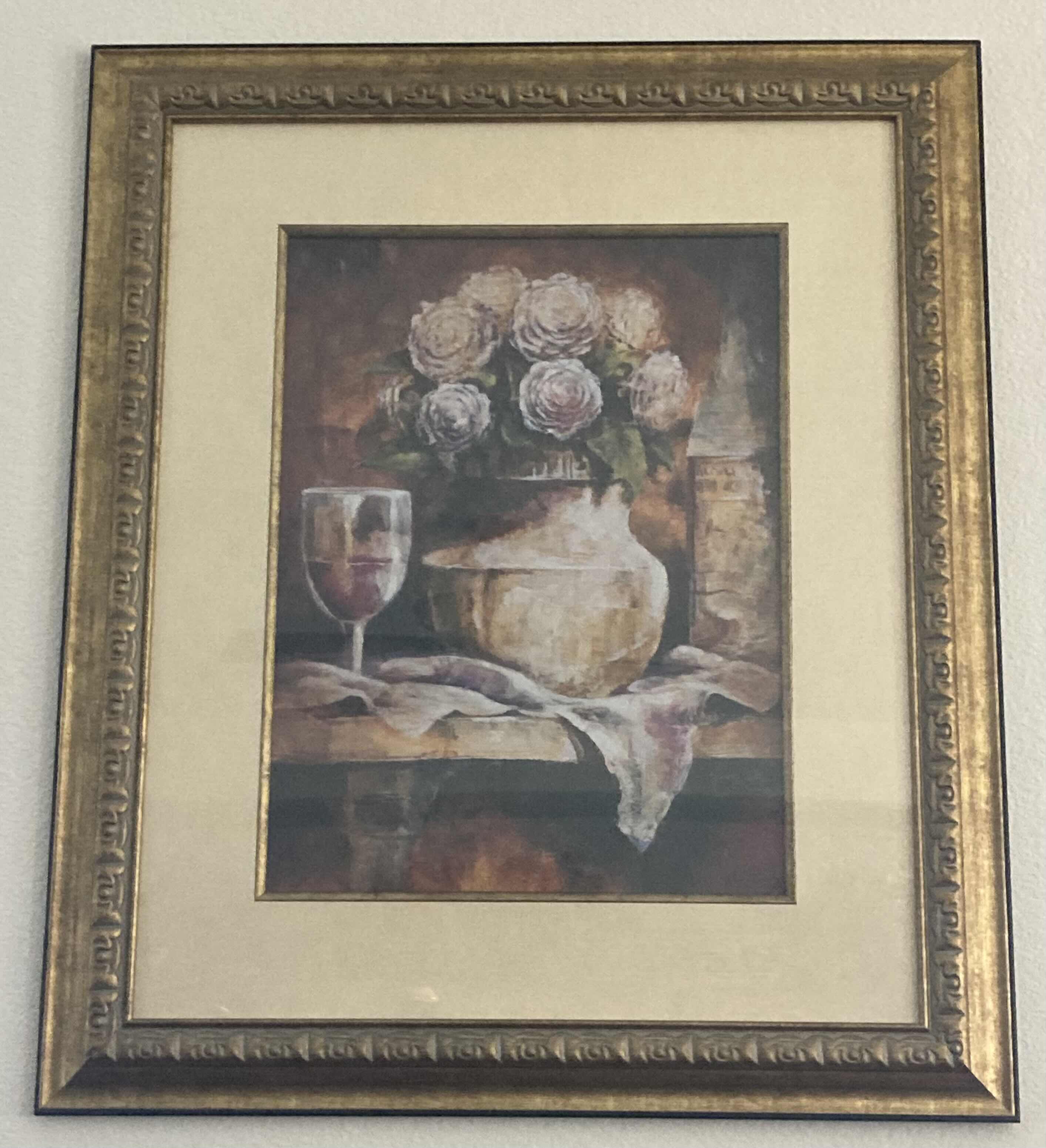 Photo 1 of ROSES & WINE WALL OIL PAINTING SIGNED BY ARTIST 31.75” X 38”
