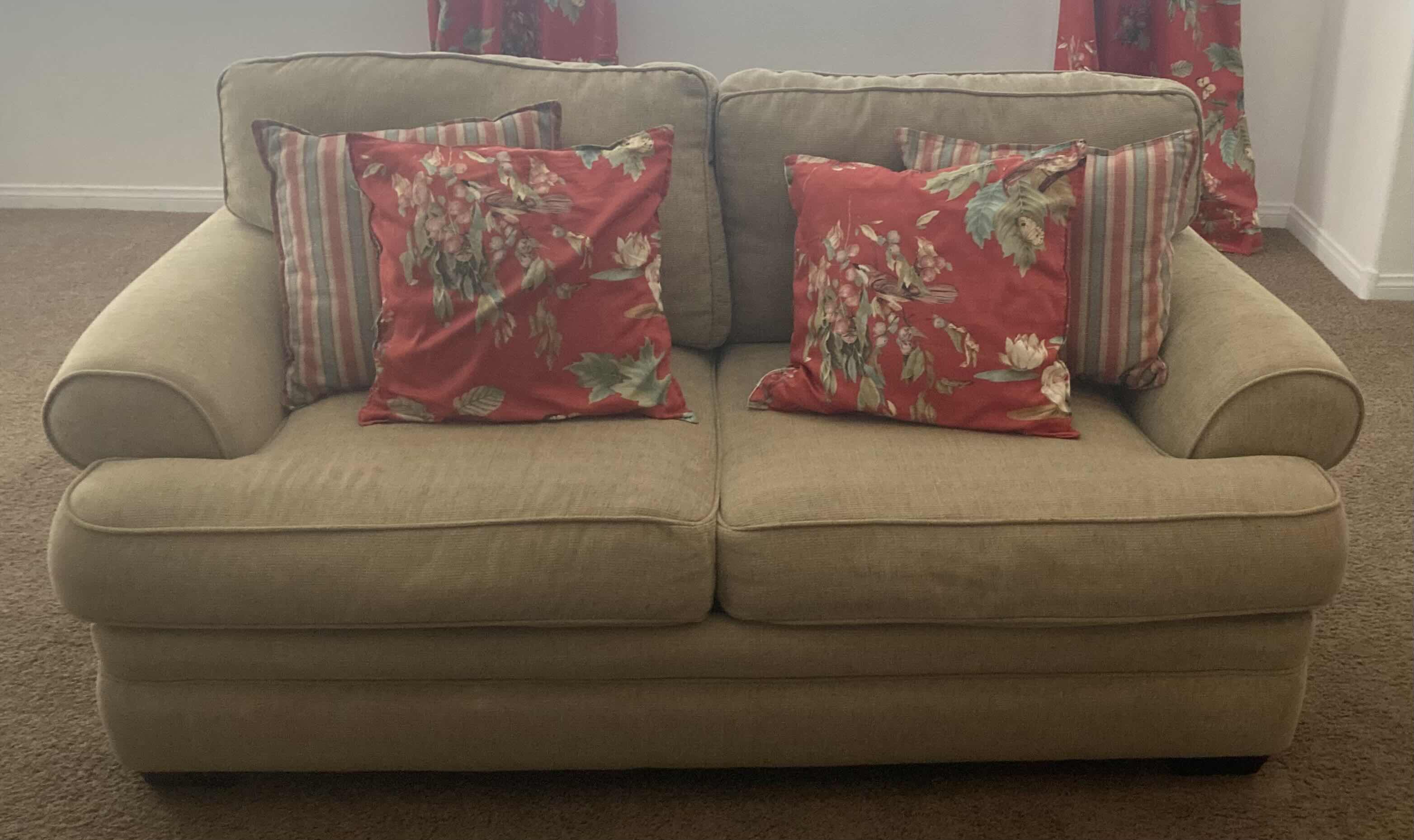 Photo 1 of ALAN WHITE TAN LOVESEAT W PILLOWS 72” X 40” H36”