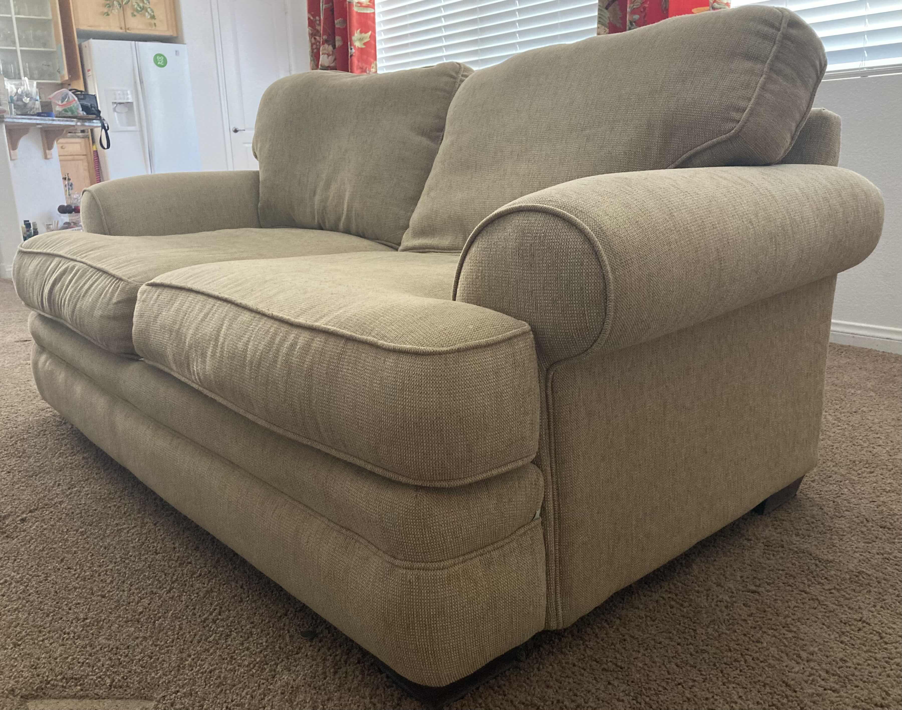Photo 1 of ALAN WHITE TAN LOVESEAT W PILLOWS 72” X 40” H36”