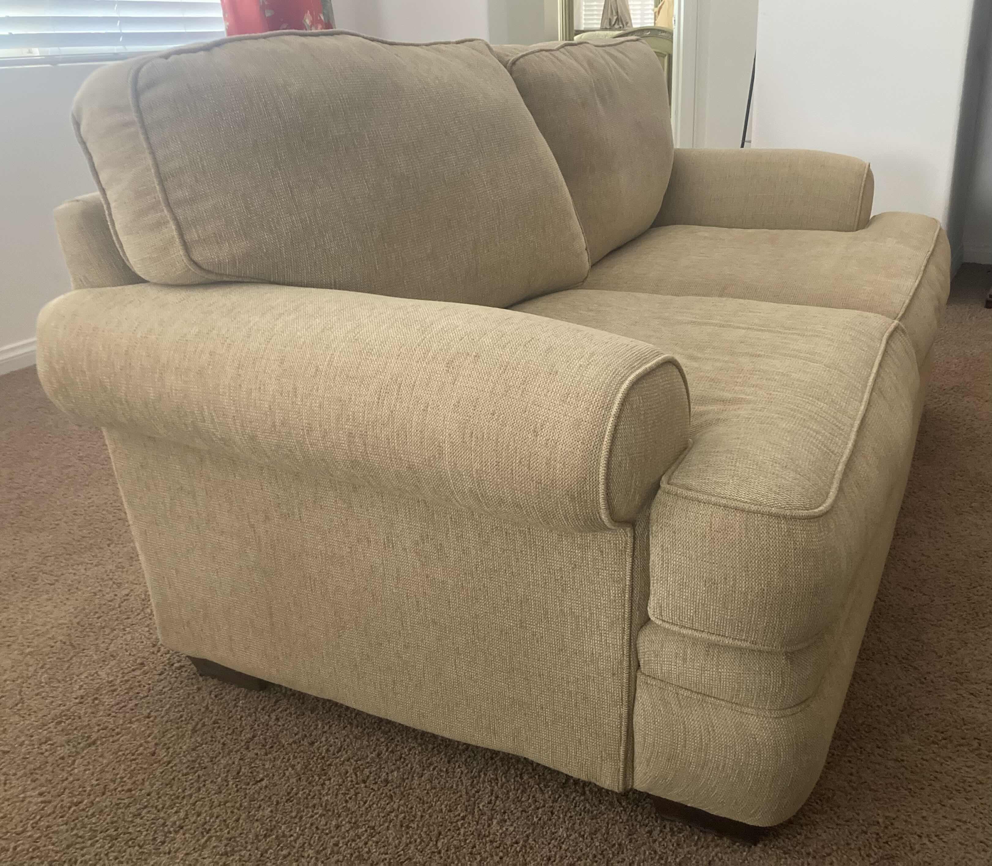 Photo 1 of ALAN WHITE TAN LOVESEAT W PILLOWS 72” X 40” H36”