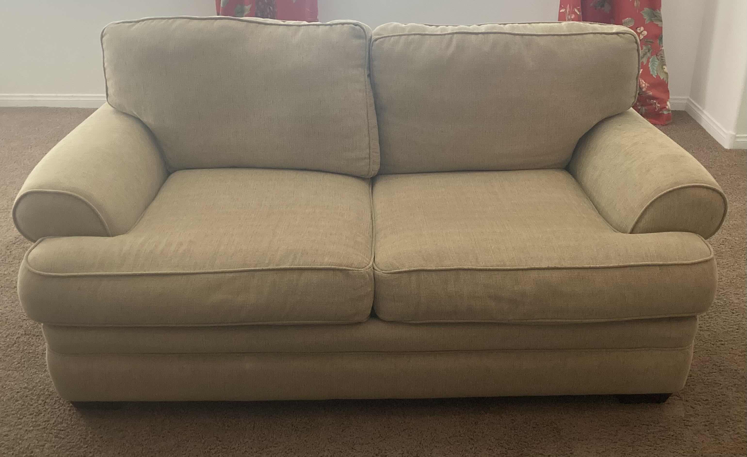 Photo 1 of ALAN WHITE TAN LOVESEAT W PILLOWS 72” X 40” H36”