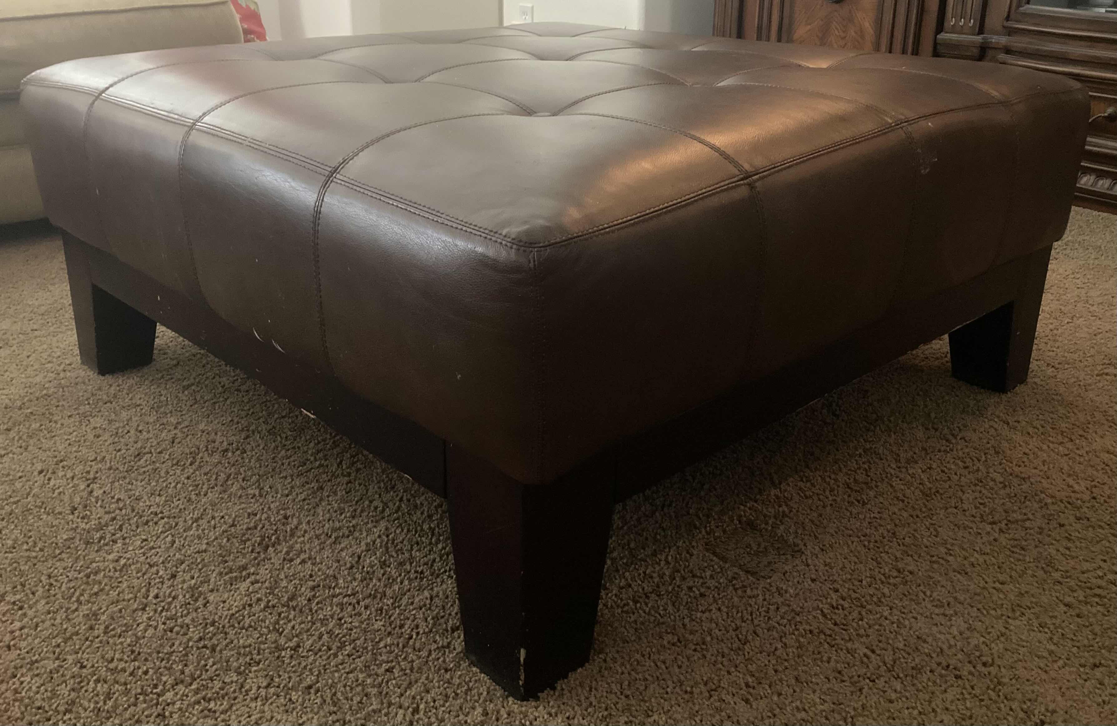 Photo 1 of ESPRESSO BROWN LEATHER SQUARE COCKTAIL OTTOMAN 40” X 40 “ H17”