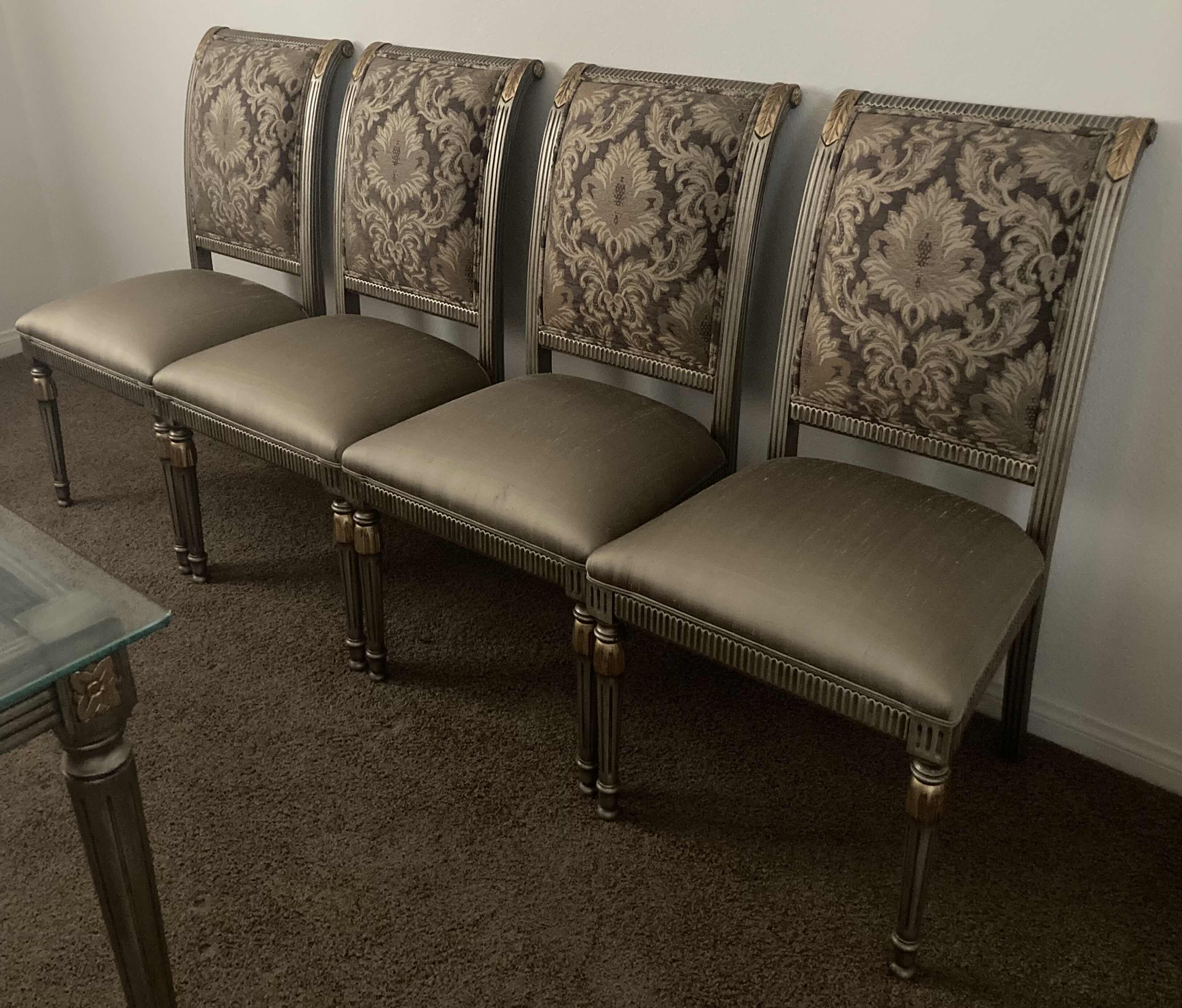 Photo 1 of EARLY CENTURY STYLE GLASS TOP ORNATE WOOD BASE DINING TABLE SET 42” X 72” H28” W 6 UPHOLSTERED CHAIRS 22” X 21” H40.5”