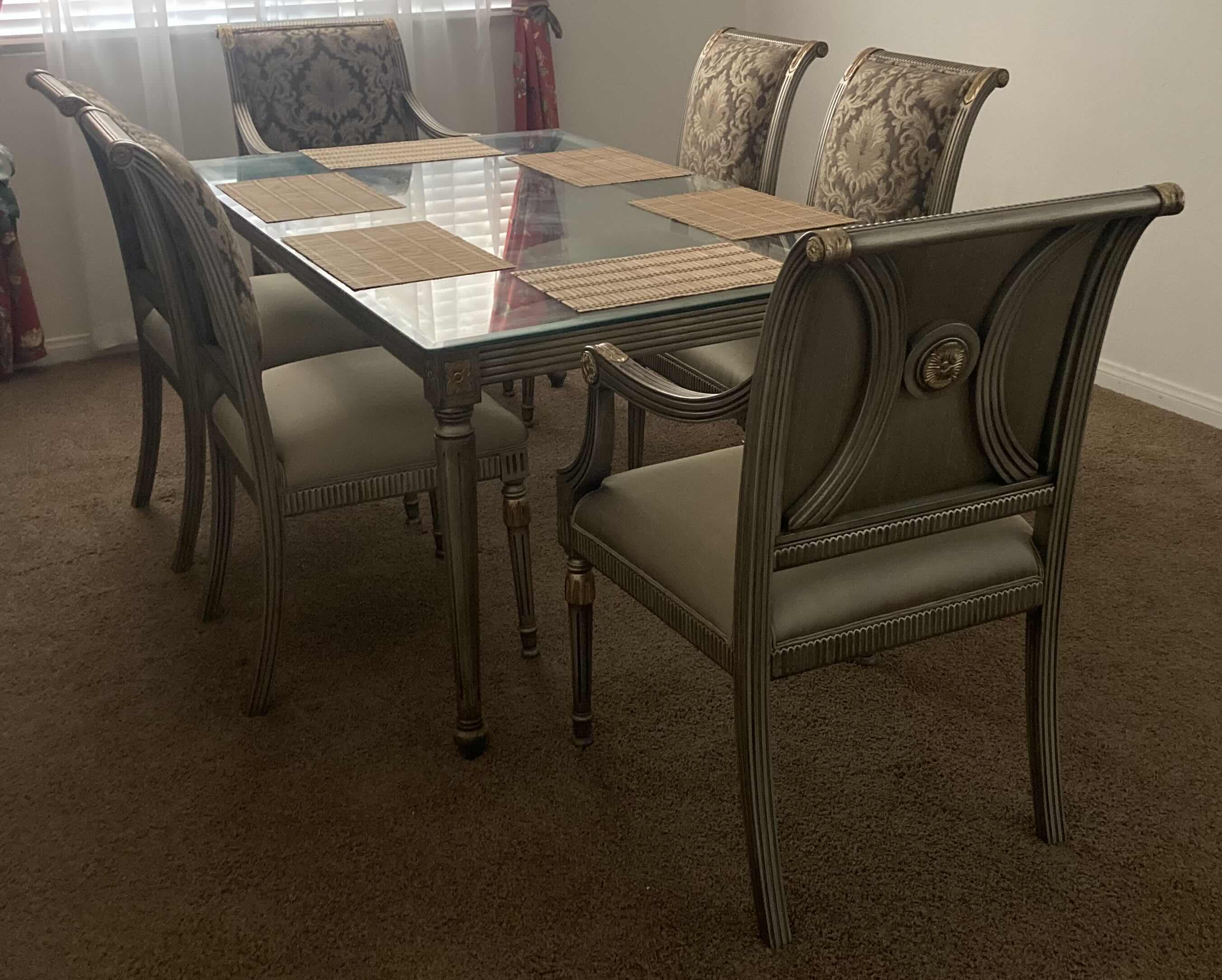 Photo 1 of EARLY CENTURY STYLE GLASS TOP ORNATE WOOD BASE DINING TABLE SET 42” X 72” H28” W 6 UPHOLSTERED CHAIRS 22” X 21” H40.5”