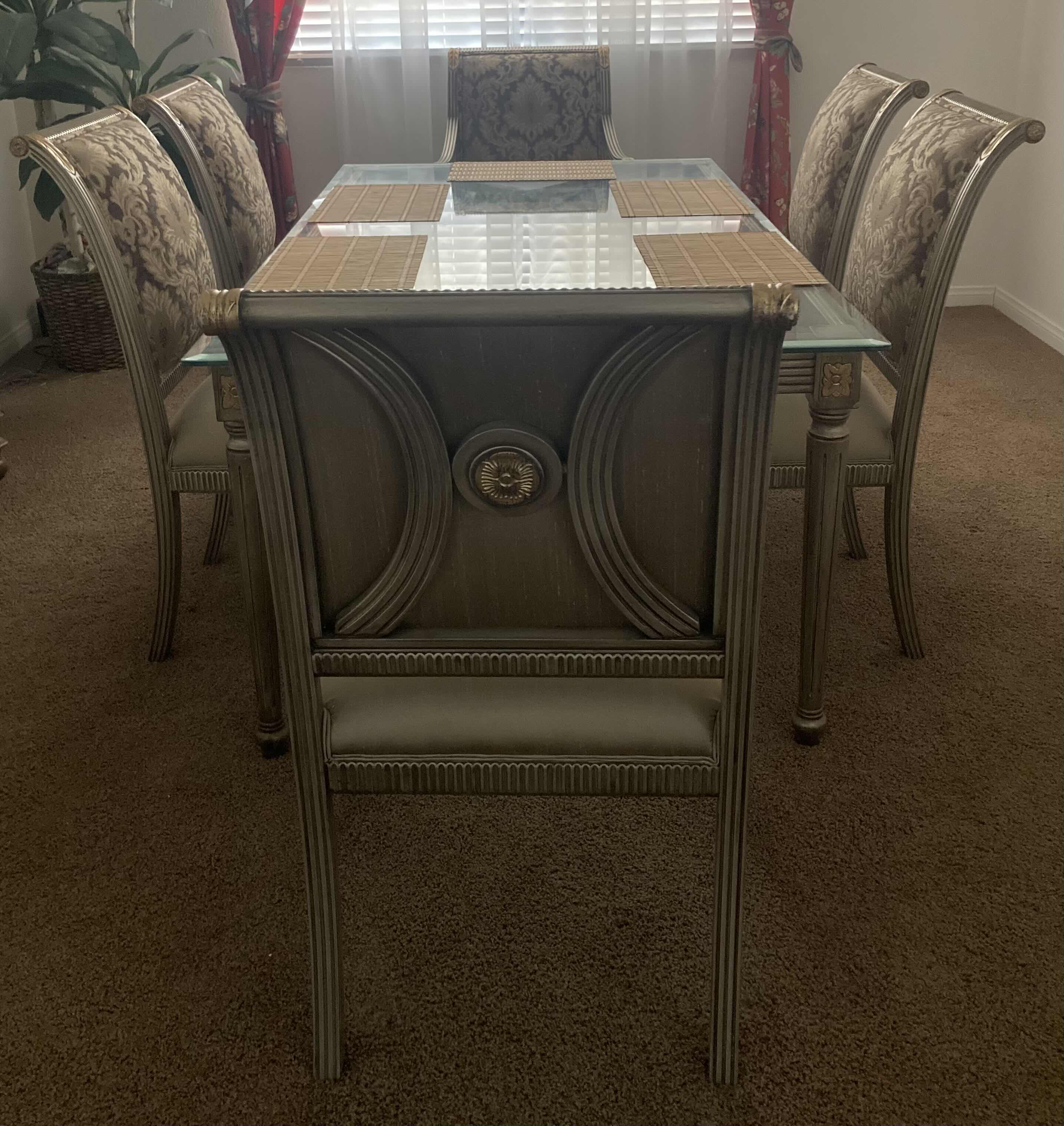Photo 1 of EARLY CENTURY STYLE GLASS TOP ORNATE WOOD BASE DINING TABLE SET 42” X 72” H28” W 6 UPHOLSTERED CHAIRS 22” X 21” H40.5”