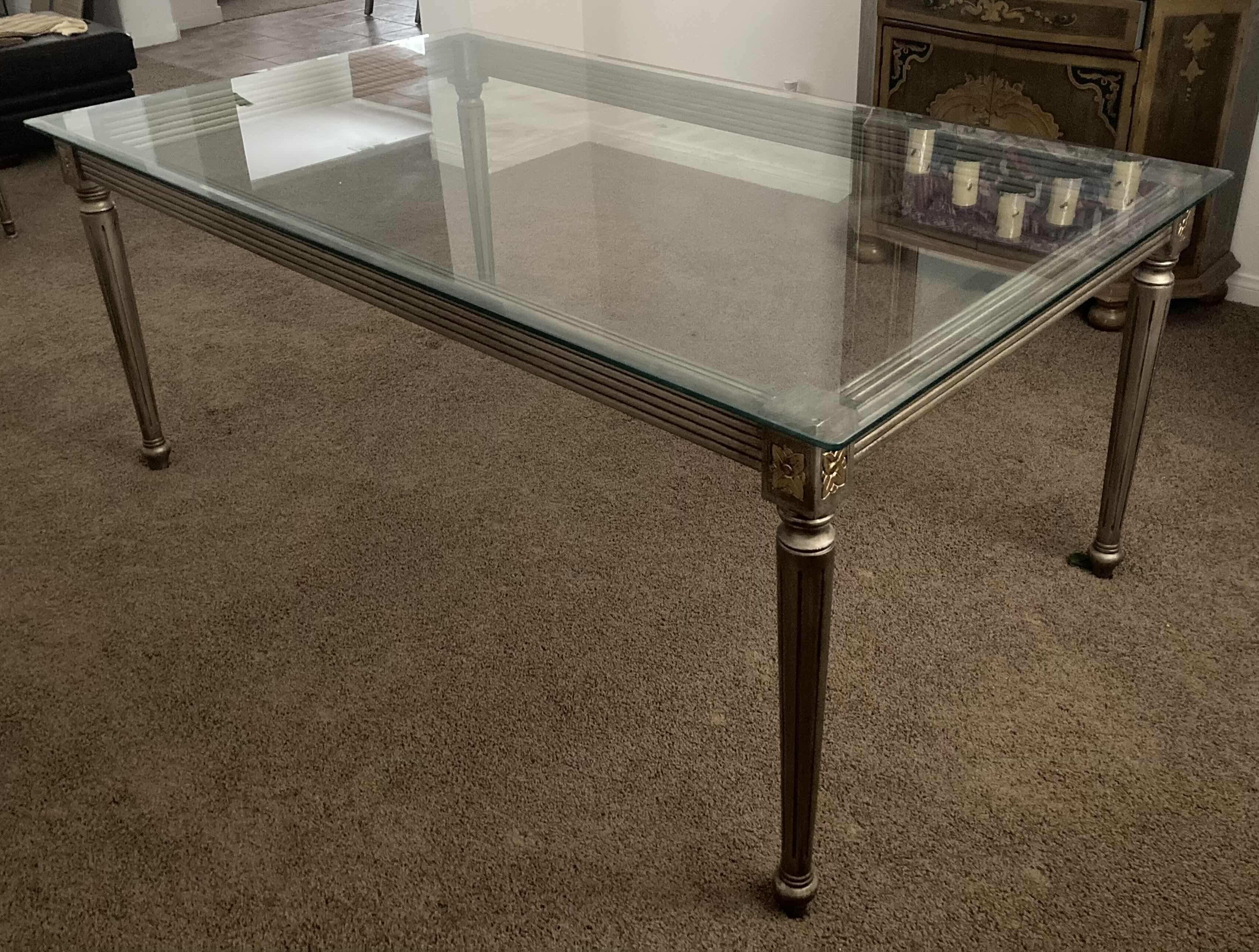 Photo 1 of EARLY CENTURY STYLE GLASS TOP ORNATE WOOD BASE DINING TABLE SET 42” X 72” H28” W 6 UPHOLSTERED CHAIRS 22” X 21” H40.5”