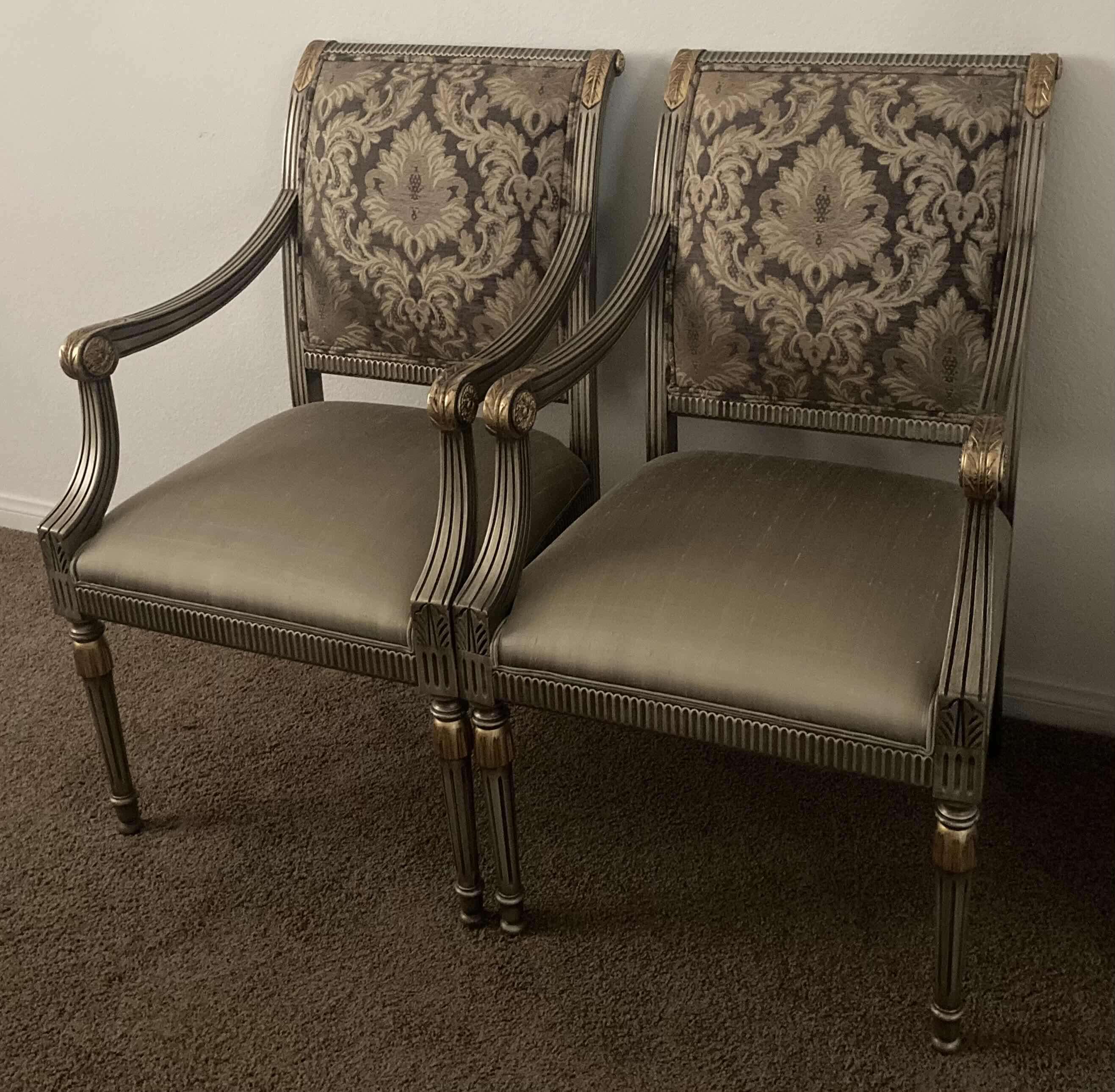 Photo 1 of EARLY CENTURY STYLE GLASS TOP ORNATE WOOD BASE DINING TABLE SET 42” X 72” H28” W 6 UPHOLSTERED CHAIRS 22” X 21” H40.5”