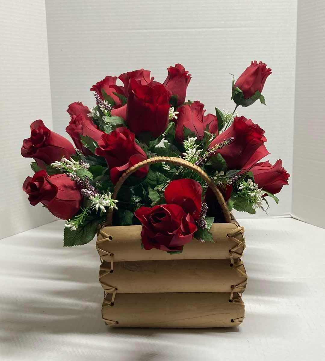 Photo 1 of BOUQUET OF ARTIFICIAL DECORATIVE ROSES W WOODEN PLANT HOLDER