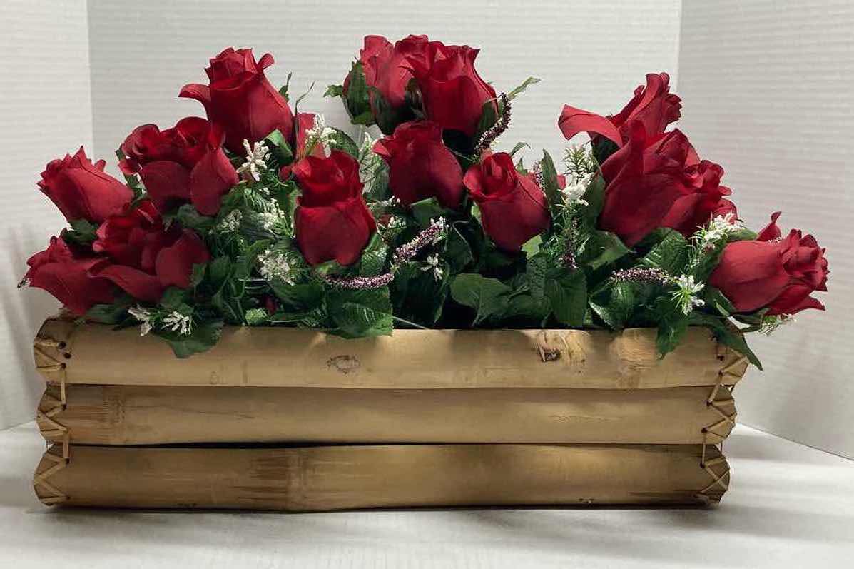 Photo 1 of BOUQUET OF ARTIFICIAL DECORATIVE ROSES W WOODEN PLANT HOLDER