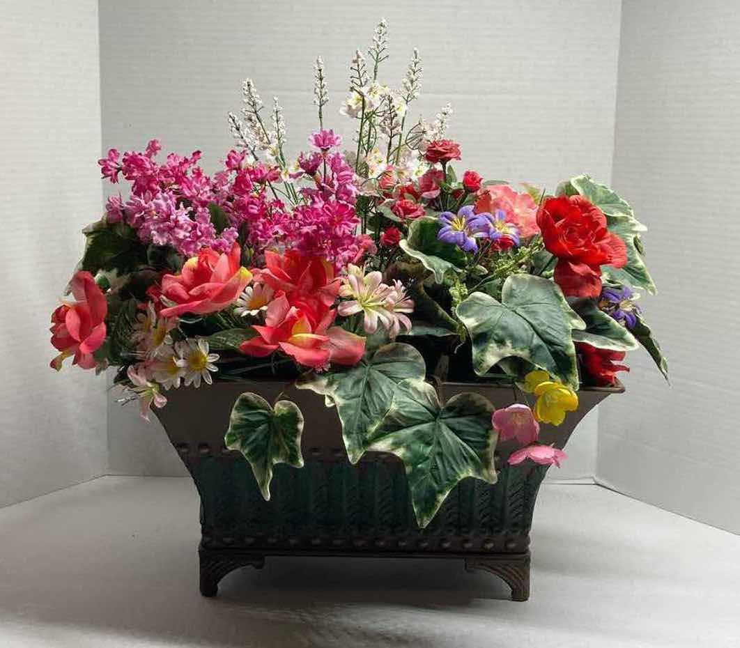 Photo 1 of BOUQUET OF ARTIFICIAL DECORATIVE FLOWERS W ALUMINIUM PLANT HOLDER 17” X 10.75” H18”