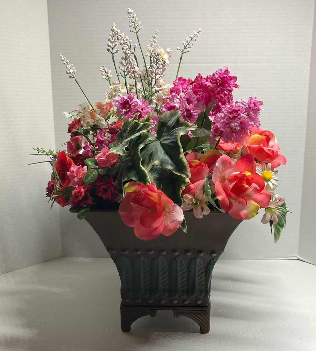 Photo 1 of BOUQUET OF ARTIFICIAL DECORATIVE FLOWERS W ALUMINIUM PLANT HOLDER 17” X 10.75” H18”