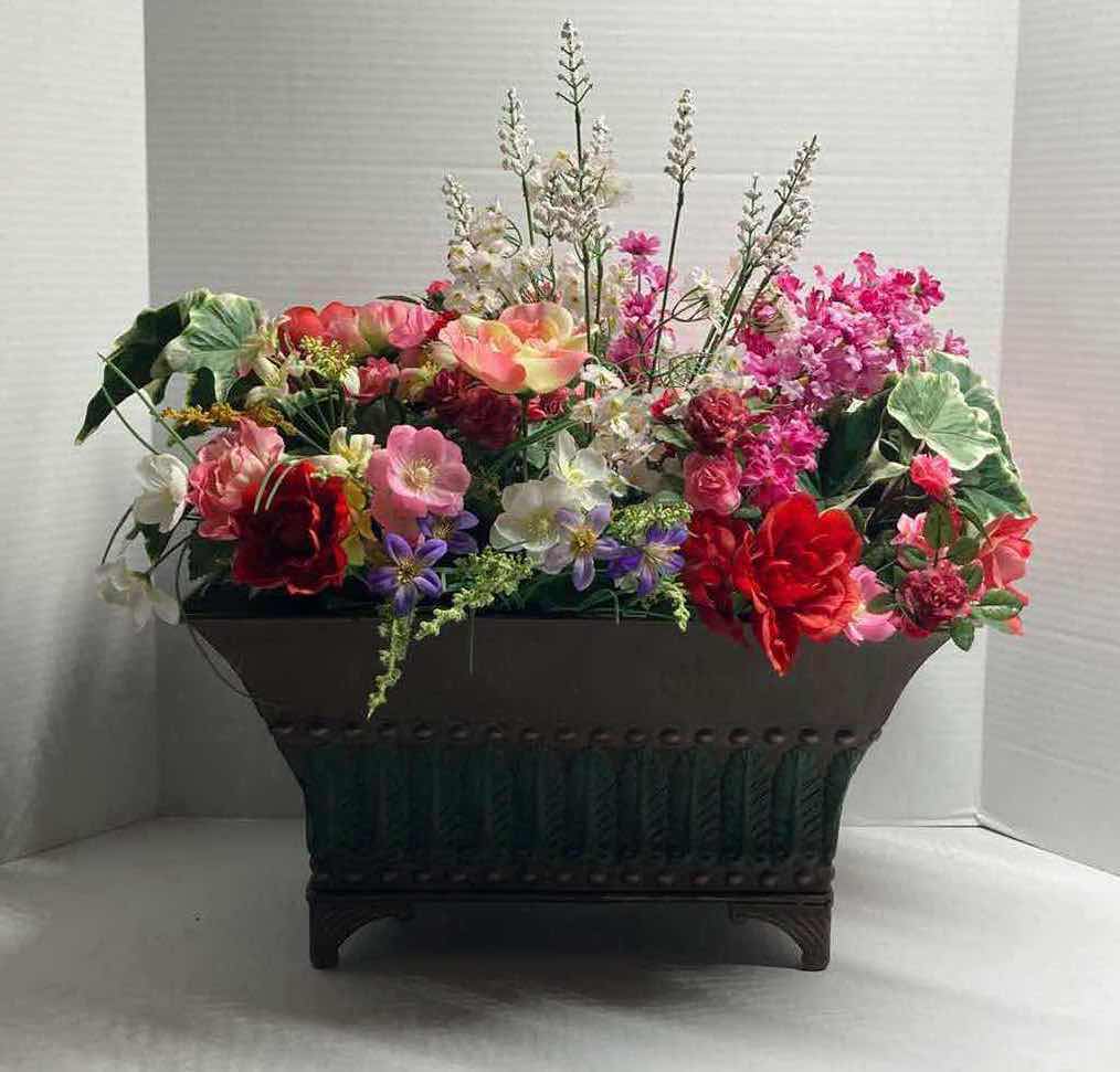 Photo 1 of BOUQUET OF ARTIFICIAL DECORATIVE FLOWERS W ALUMINIUM PLANT HOLDER 17” X 10.75” H18”