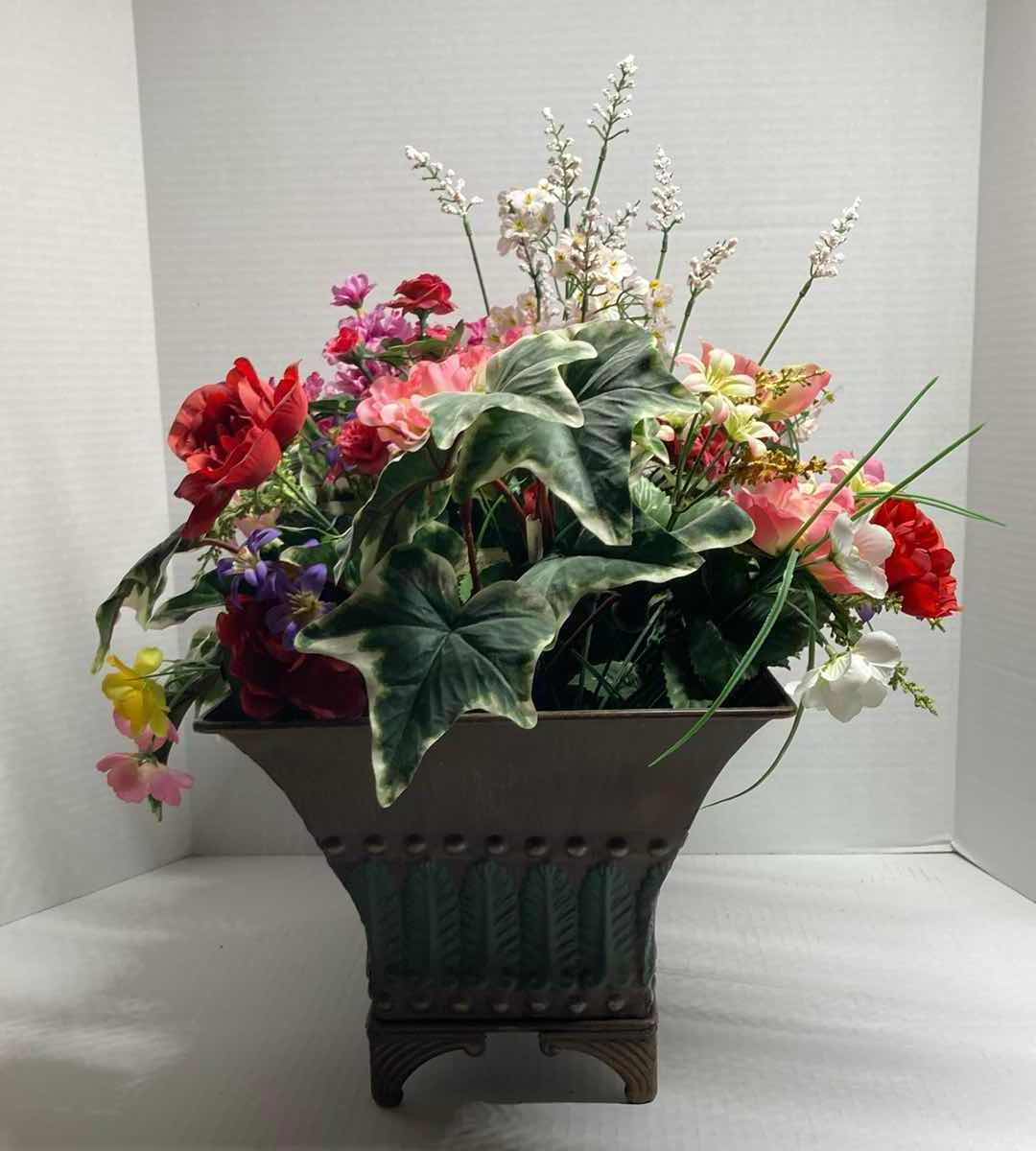 Photo 1 of BOUQUET OF ARTIFICIAL DECORATIVE FLOWERS W ALUMINIUM PLANT HOLDER 17” X 10.75” H18”