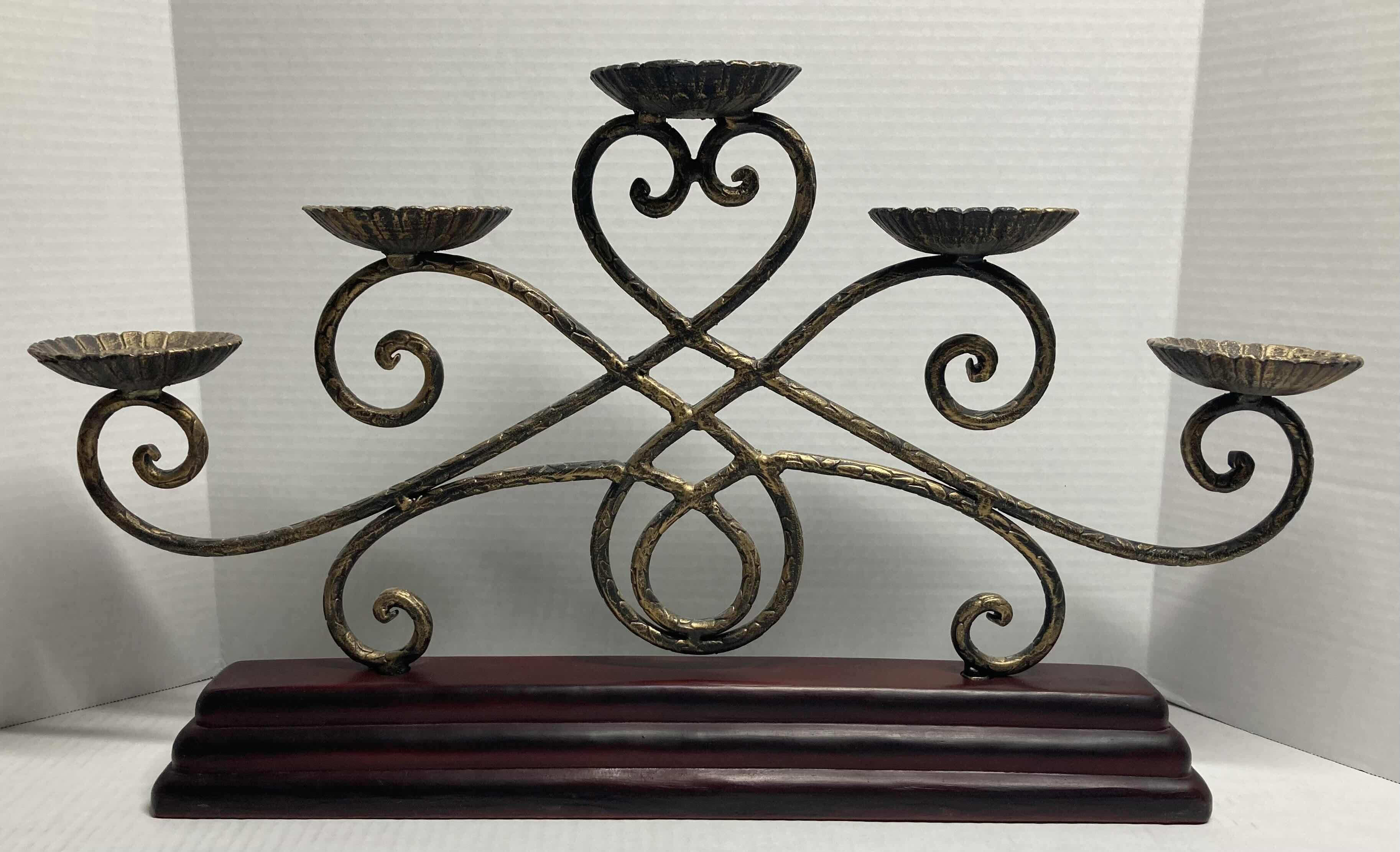 Photo 1 of ORNATE RUSTIC WROUGHT IRON CANDELABRUM W CHERRY FINISH WOOD BASE (CANDLES INCLUDED)