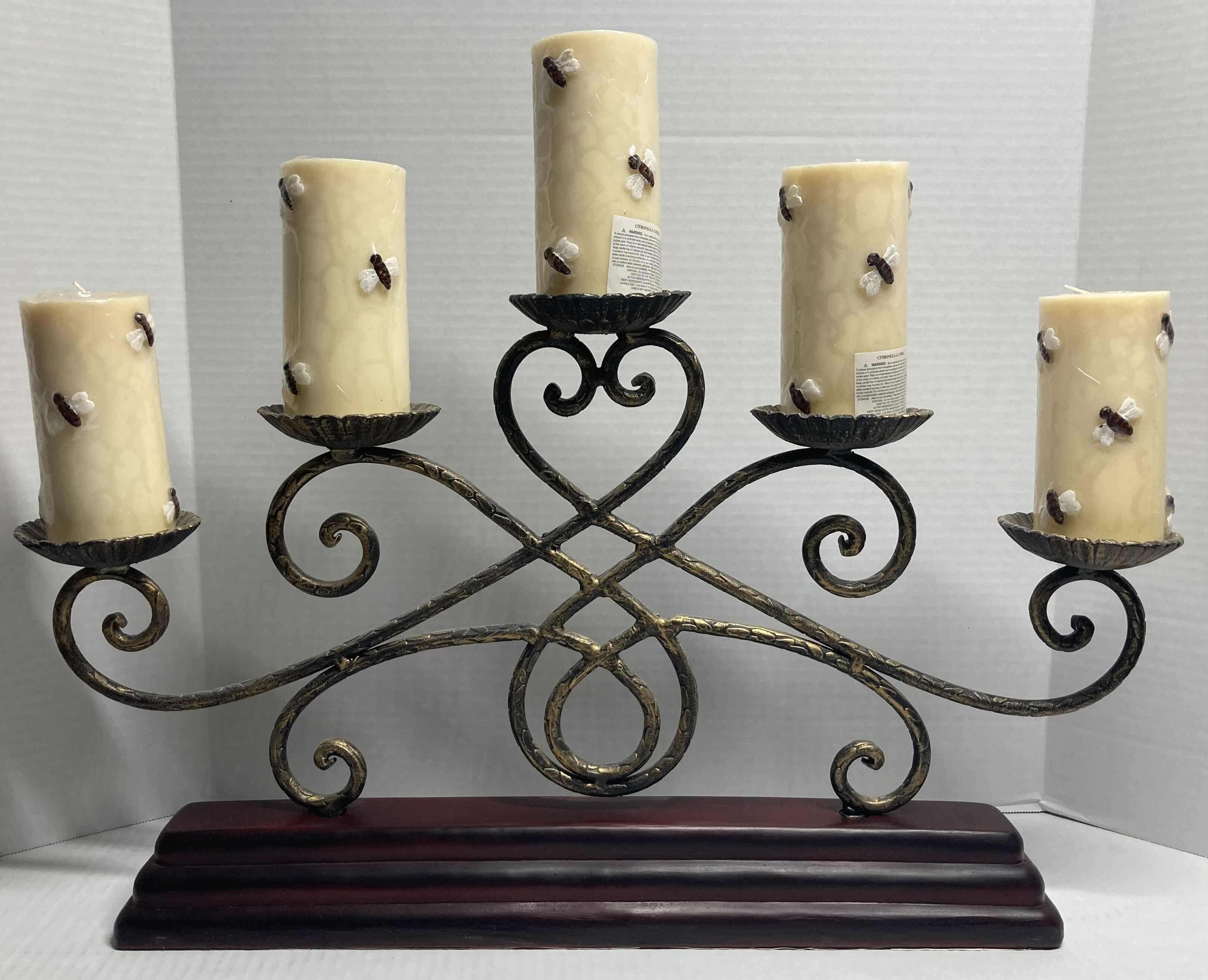 Photo 1 of ORNATE RUSTIC WROUGHT IRON CANDELABRUM W CHERRY FINISH WOOD BASE (CANDLES INCLUDED)