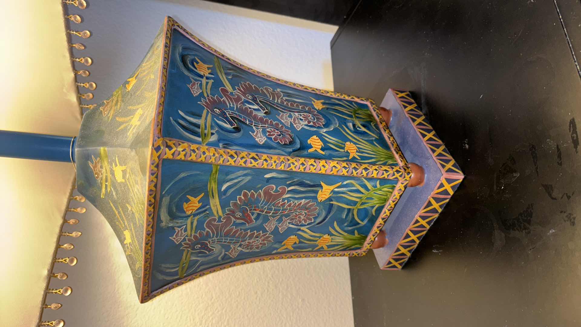 Photo 1 of GLENWOOD DESIGNS HAND-PAINTED SEA HORSE 28” TABLE LAMP W SEA SHELL FRINGED LAMPSHADE