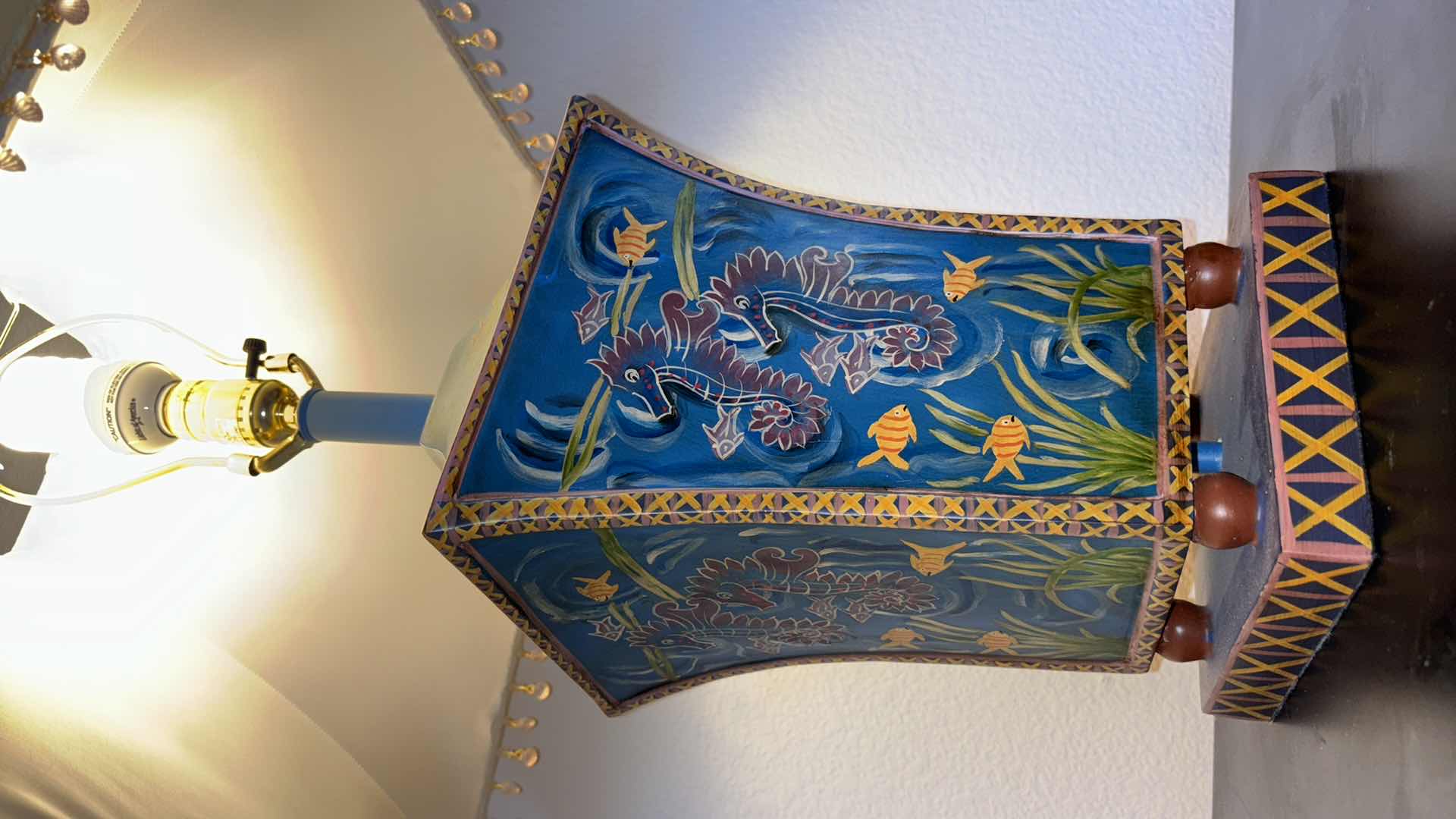 Photo 1 of GLENWOOD DESIGNS HAND-PAINTED SEA HORSE 28” TABLE LAMP W SEA SHELL FRINGED LAMPSHADE