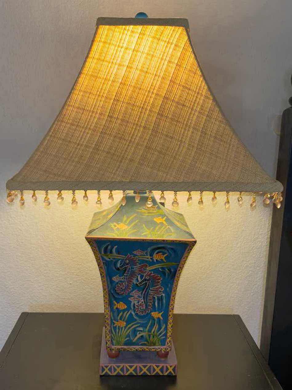 Photo 1 of GLENWOOD DESIGNS HAND-PAINTED SEA HORSE 28” TABLE LAMP W SEA SHELL FRINGED LAMPSHADE