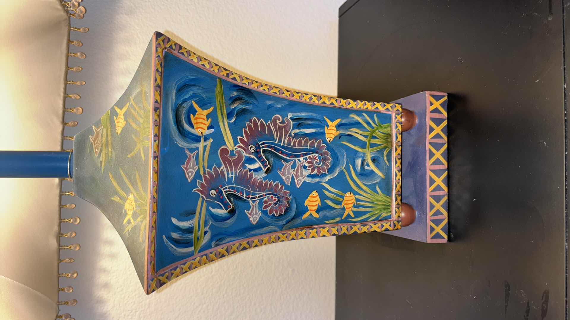 Photo 1 of GLENWOOD DESIGNS HAND-PAINTED SEA HORSE 28” TABLE LAMP W SEA SHELL FRINGED LAMPSHADE