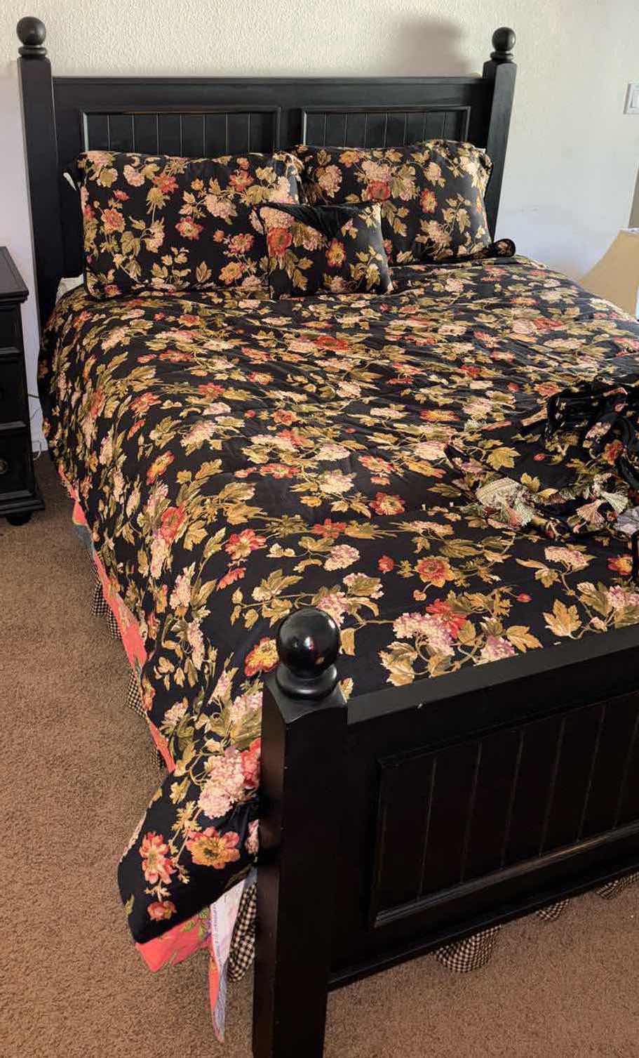 Photo 1 of QUEEN SIZE TWO-PANEL BED (BLACK), INCLUDES BEDDING, MATTRESS & BOX SPRING 64” X 90” H55.5”