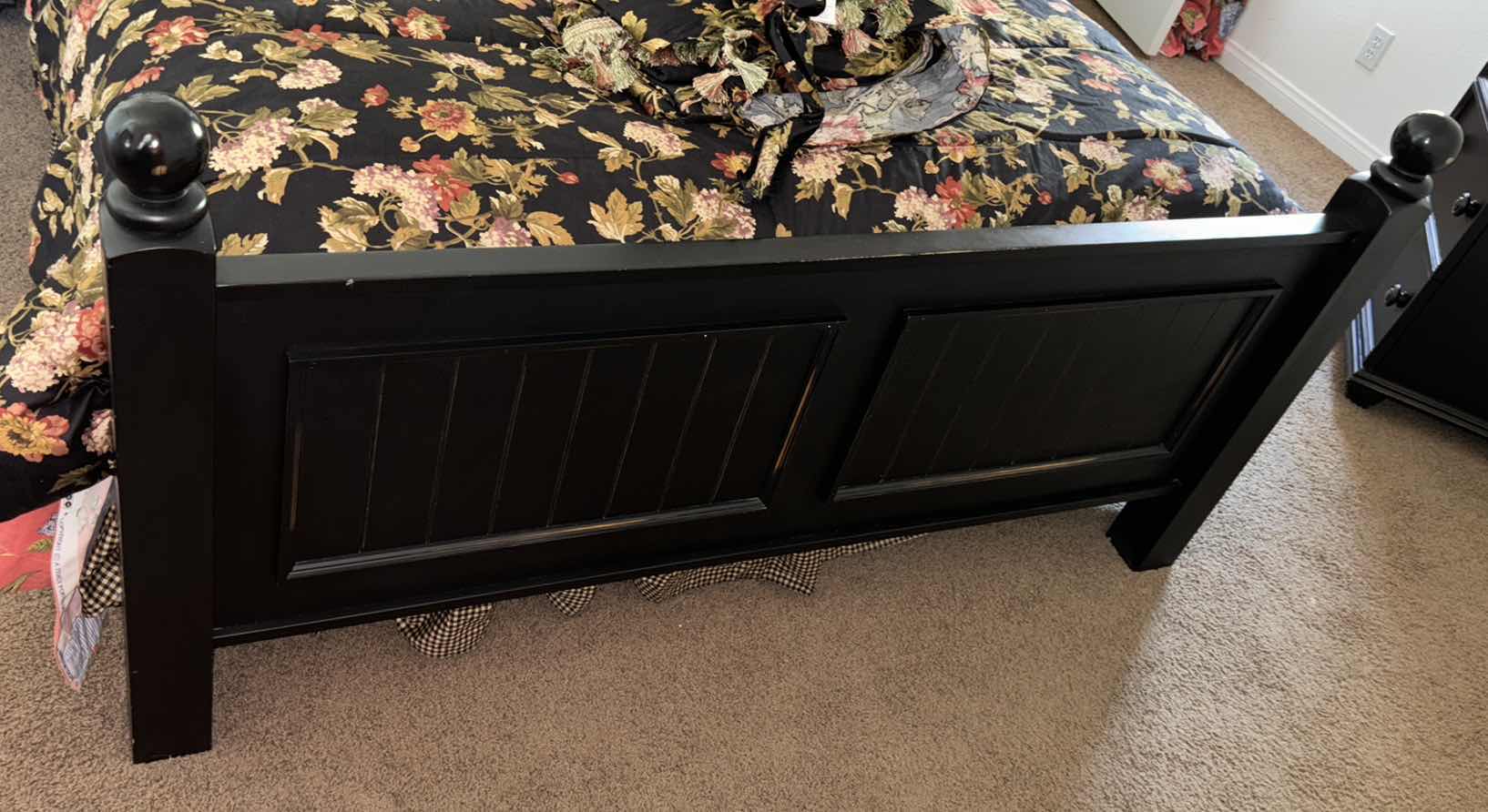Photo 1 of QUEEN SIZE TWO-PANEL BED (BLACK), INCLUDES BEDDING, MATTRESS & BOX SPRING 64” X 90” H55.5”