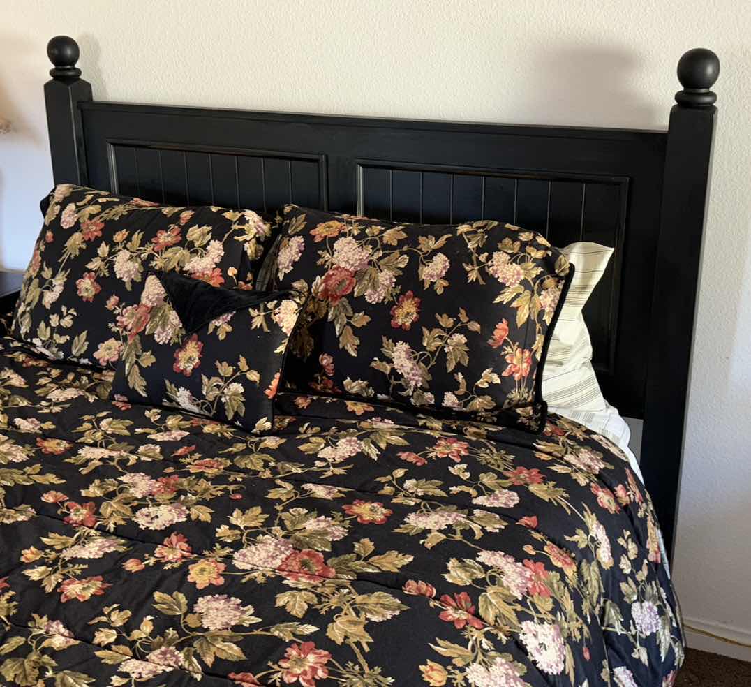 Photo 1 of QUEEN SIZE TWO-PANEL BED (BLACK), INCLUDES BEDDING, MATTRESS & BOX SPRING 64” X 90” H55.5”
