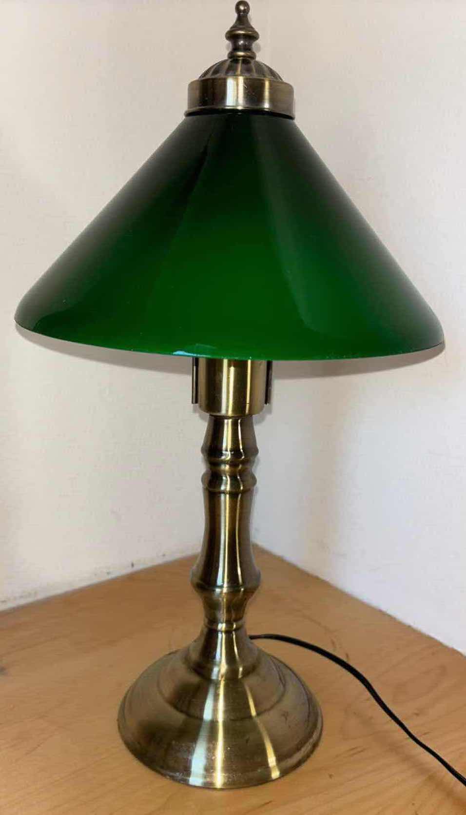 Photo 1 of 18” BRASS CORDED DESK LAMP W GREEN GLASS SHADE