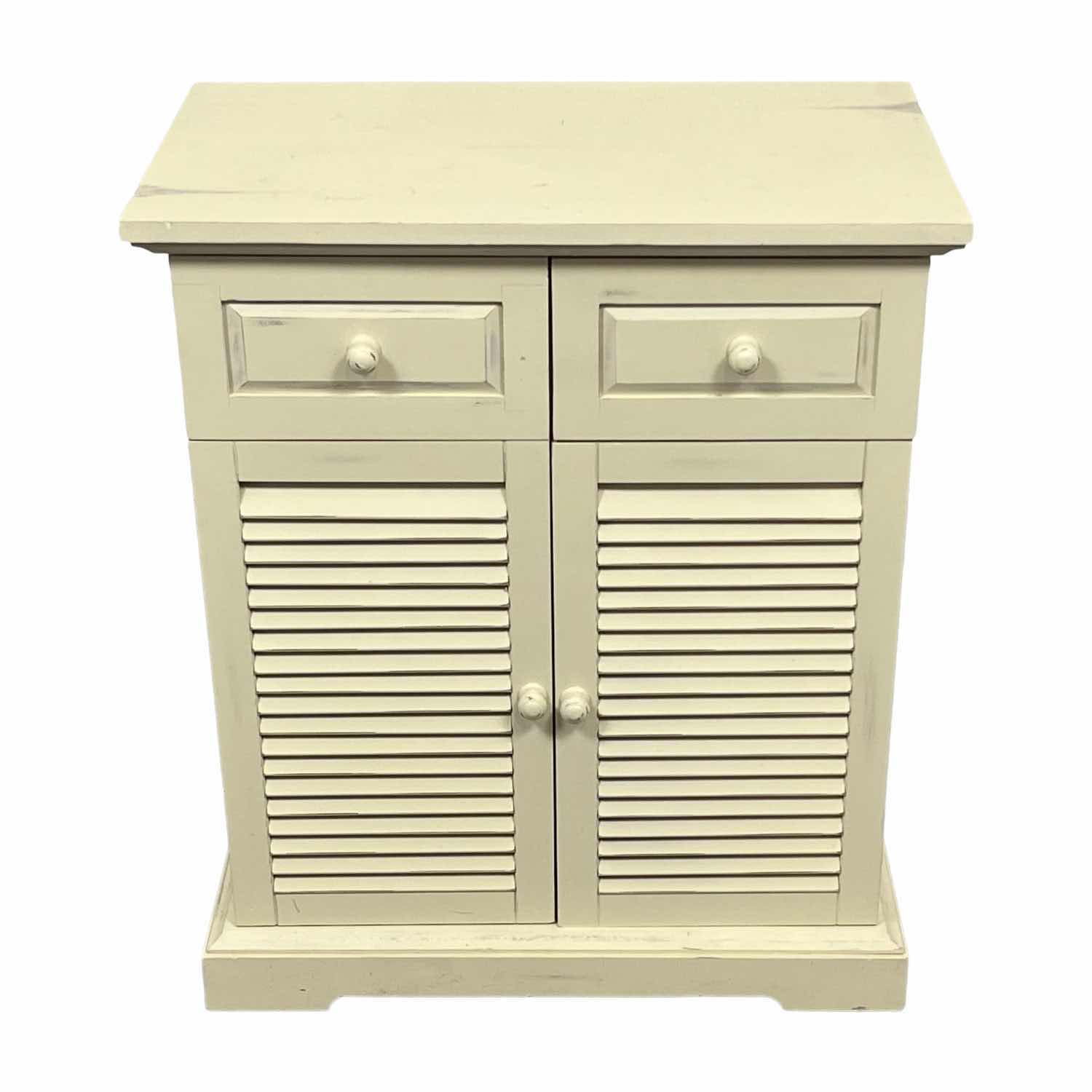 Photo 1 of PIER 1 IMPORTS SHUTTER STYLE TWO DOOR CABINET (DISTRESSED OFF WHITE FINISH) 16.5” X 26.75” H31”