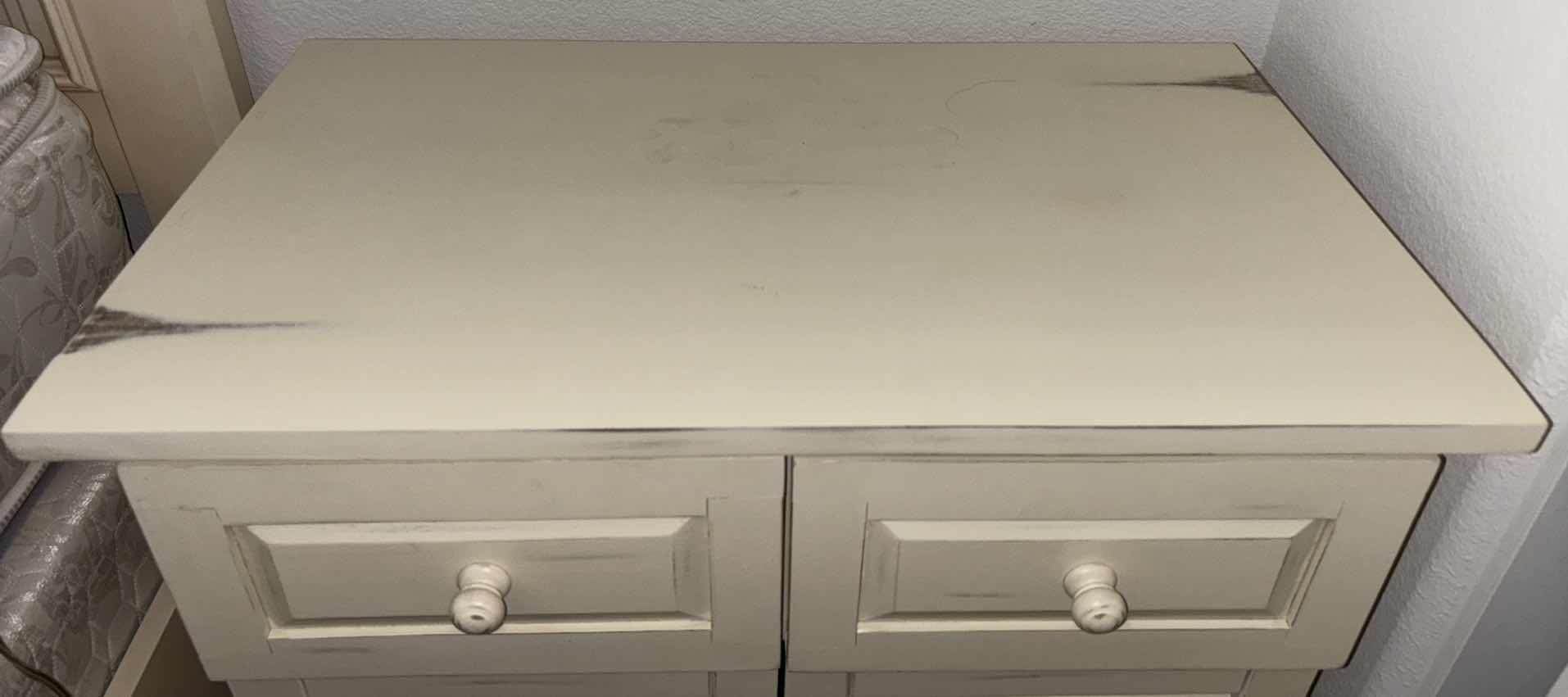 Photo 1 of PIER 1 IMPORTS SHUTTER STYLE TWO DOOR CABINET (DISTRESSED OFF WHITE FINISH) 16.5” X 26.75” H31”