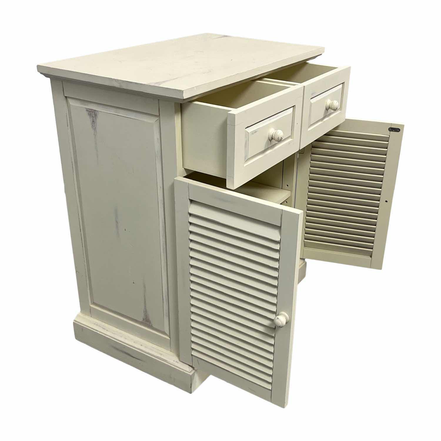 Photo 1 of PIER 1 IMPORTS SHUTTER STYLE TWO DOOR CABINET (DISTRESSED OFF WHITE FINISH) 16.5” X 26.75” H31”
