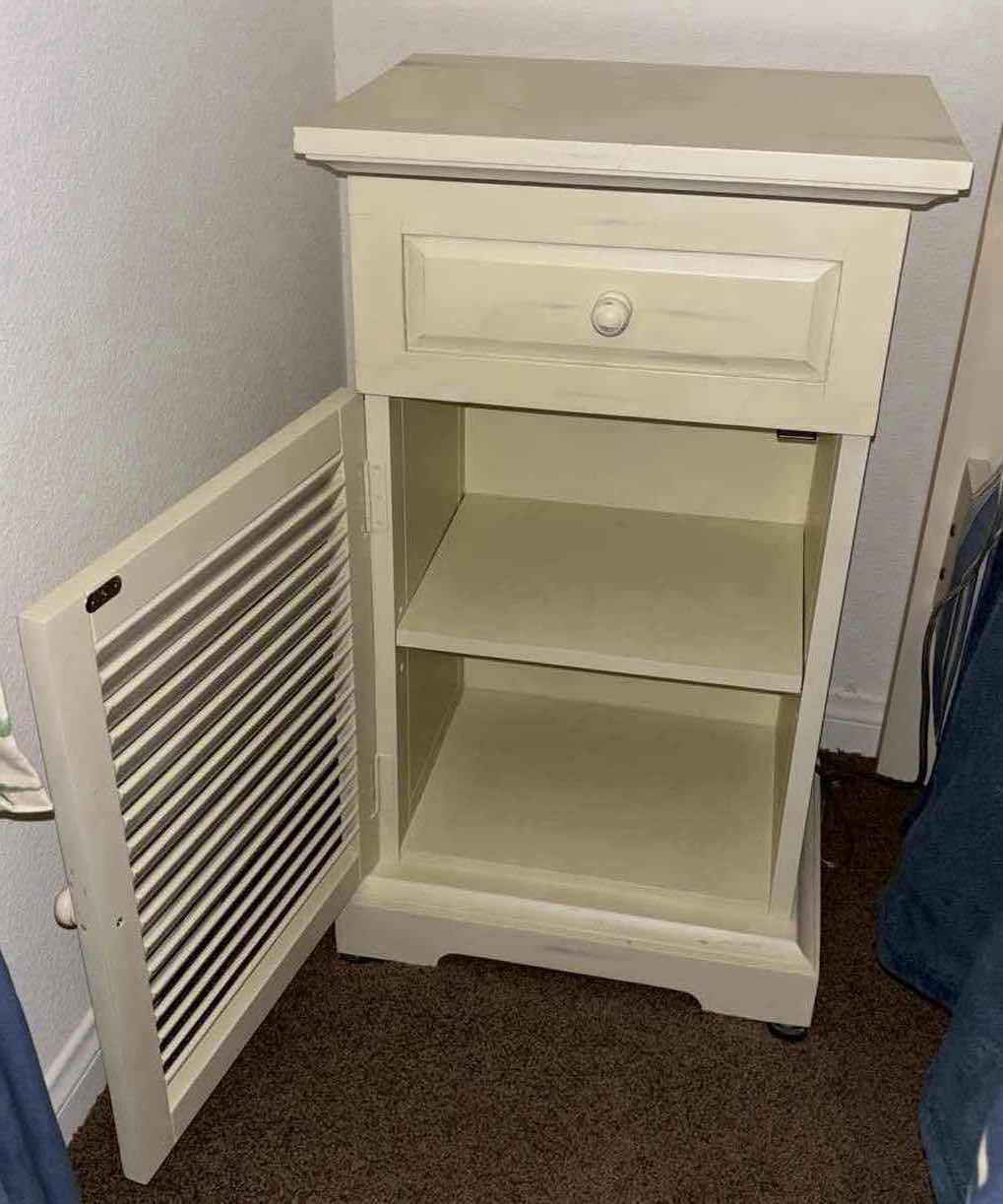 Photo 1 of PIER 1 IMPORTS SHUTTER BEDSIDE CABINET (DISTRESSED OFF WHITE FINISH) 13.75” X 17.75” H30.5”