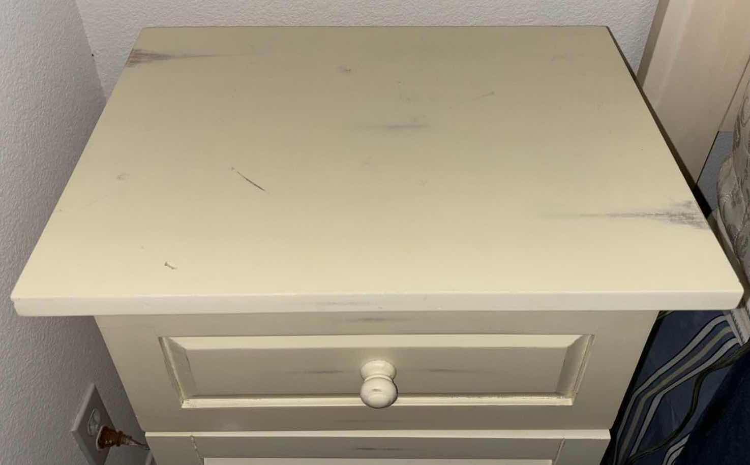 Photo 1 of PIER 1 IMPORTS SHUTTER BEDSIDE CABINET (DISTRESSED OFF WHITE FINISH) 13.75” X 17.75” H30.5”