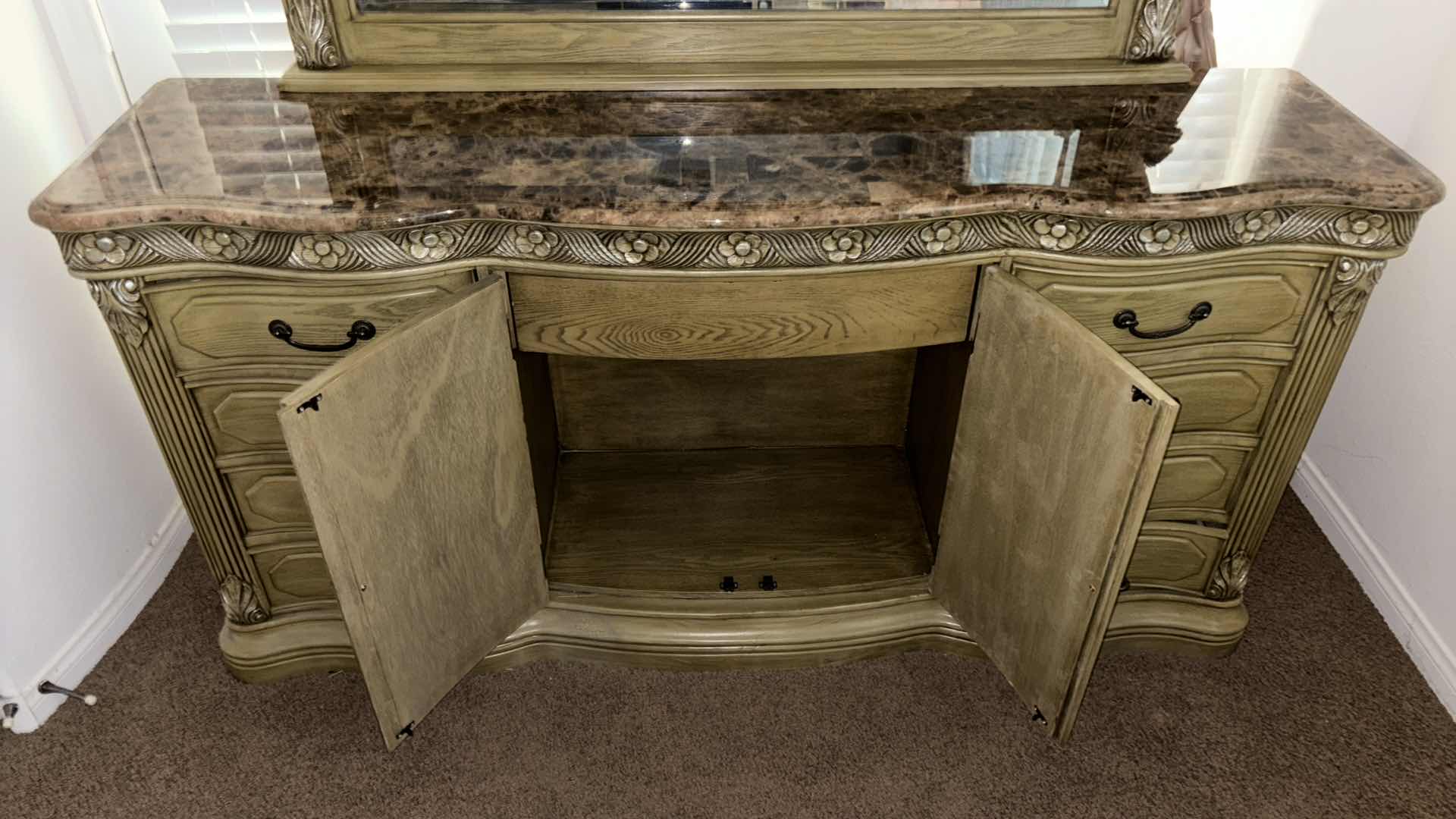 Photo 1 of MICHAEL AMINI LA FRANCAISE COLLECTION MARBLE TOP 9-DRAWER DRESSER, CABINET & MIRROR 18.25” X 72” H91”