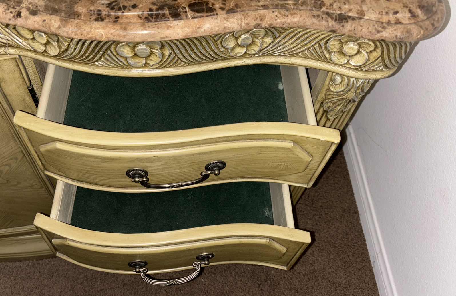 Photo 1 of MICHAEL AMINI LA FRANCAISE COLLECTION MARBLE TOP 9-DRAWER DRESSER, CABINET & MIRROR 18.25” X 72” H91”