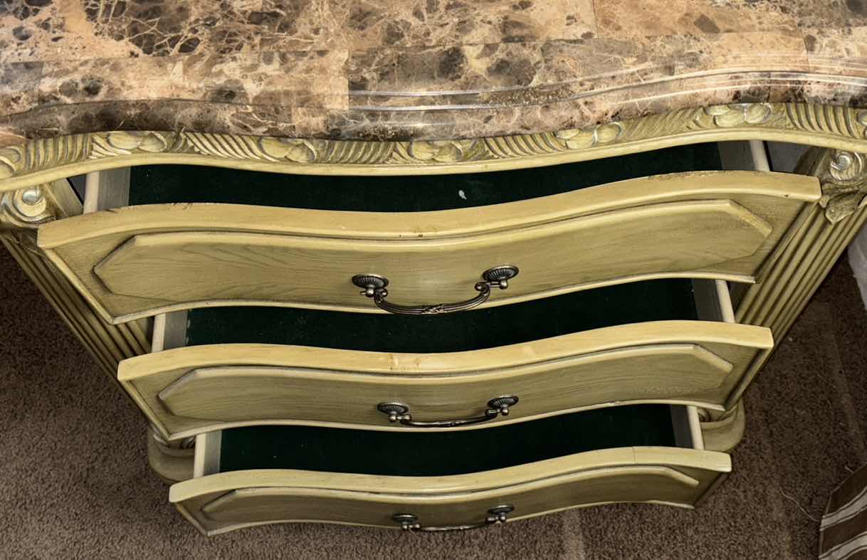 Photo 1 of MICHAEL AMINI LA FRANCAISE COLLECTION MARBLE TOP 3-DRAWER NIGHTSTAND 18” X 33” H33.75”