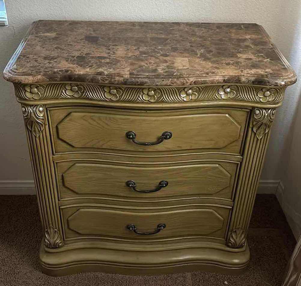 Photo 1 of MICHAEL AMINI LA FRANCAISE COLLECTION MARBLE TOP 3-DRAWER NIGHTSTAND 18” X 33” H33.75”