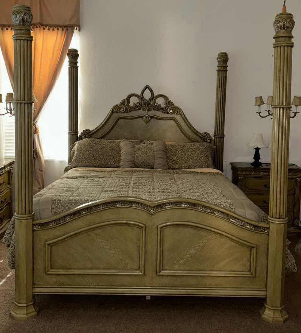 Photo 1 of MICHAEL AMINI LA FRANCAISE COLLECTION KING SIZE 4 POSTER BED FRAME (INCLUDES MATTRESS, BOX SPRING & BEDDING) 81” X 97” H89”