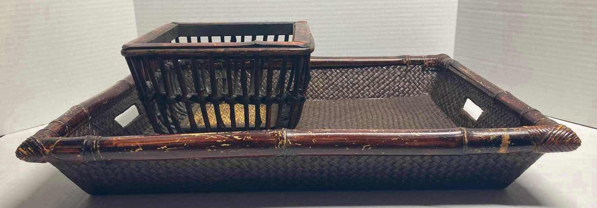 Photo 1 of BAMBOO RATTAN TRAY 22” X 17.5 H3” & SMOKED BAMBOO/REED SQUARE BOWL 9” X 9” H6.25”