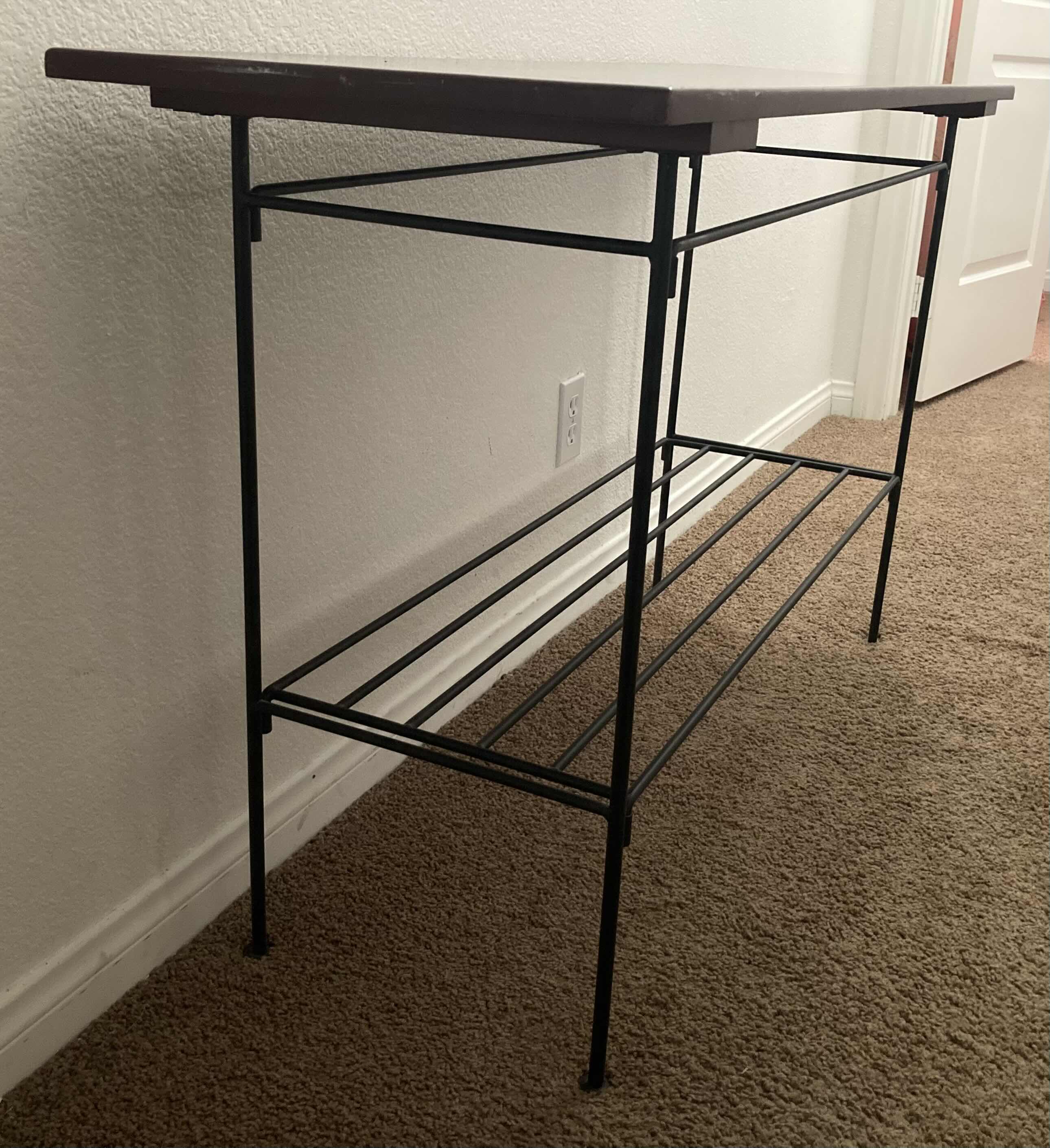 Photo 1 of CHERRY WOOD FINISH BLACK METAL CONSOLE TABLE 48” X 16.25” H28”