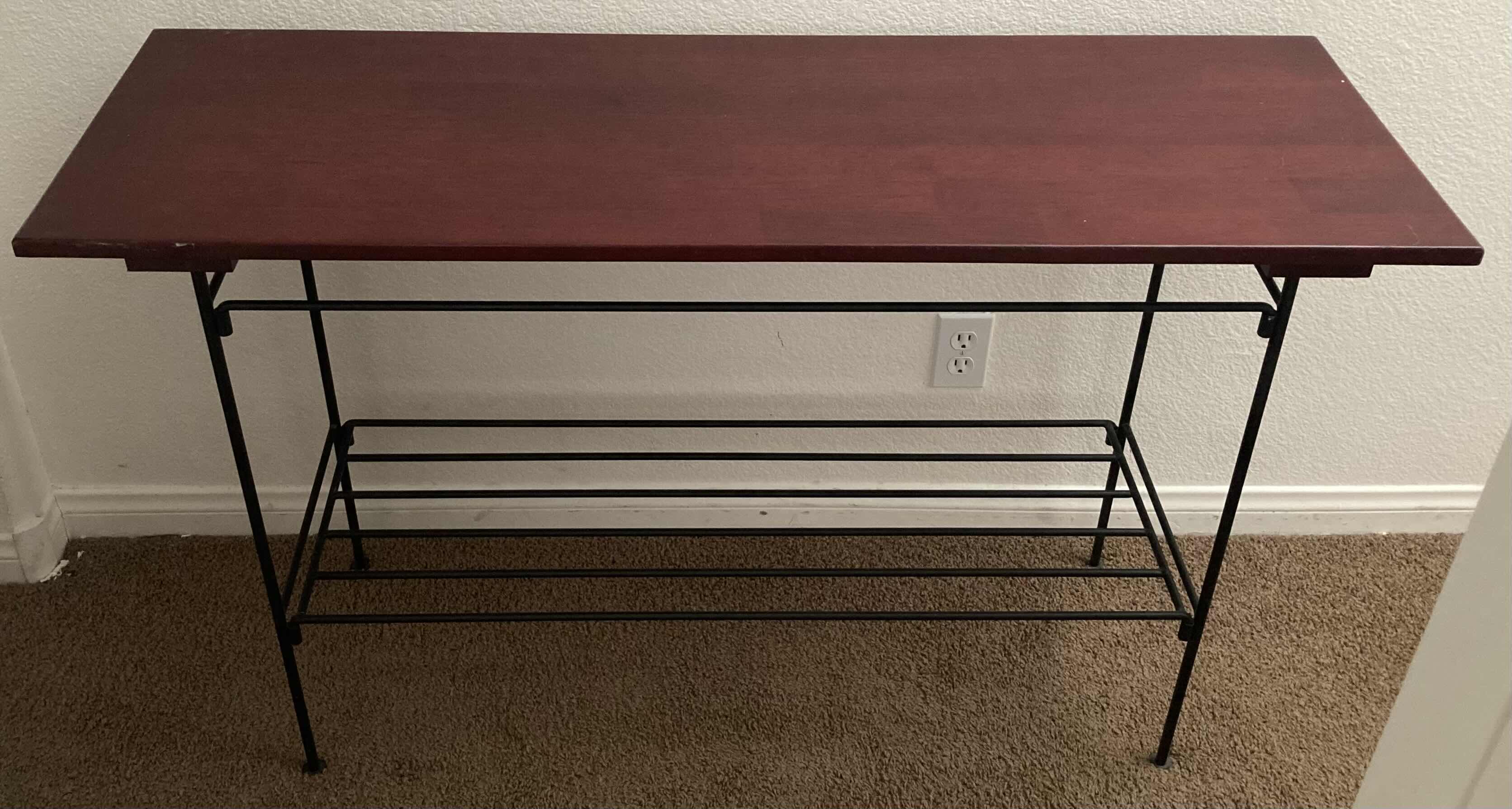 Photo 1 of CHERRY WOOD FINISH BLACK METAL CONSOLE TABLE 48” X 16.25” H28”