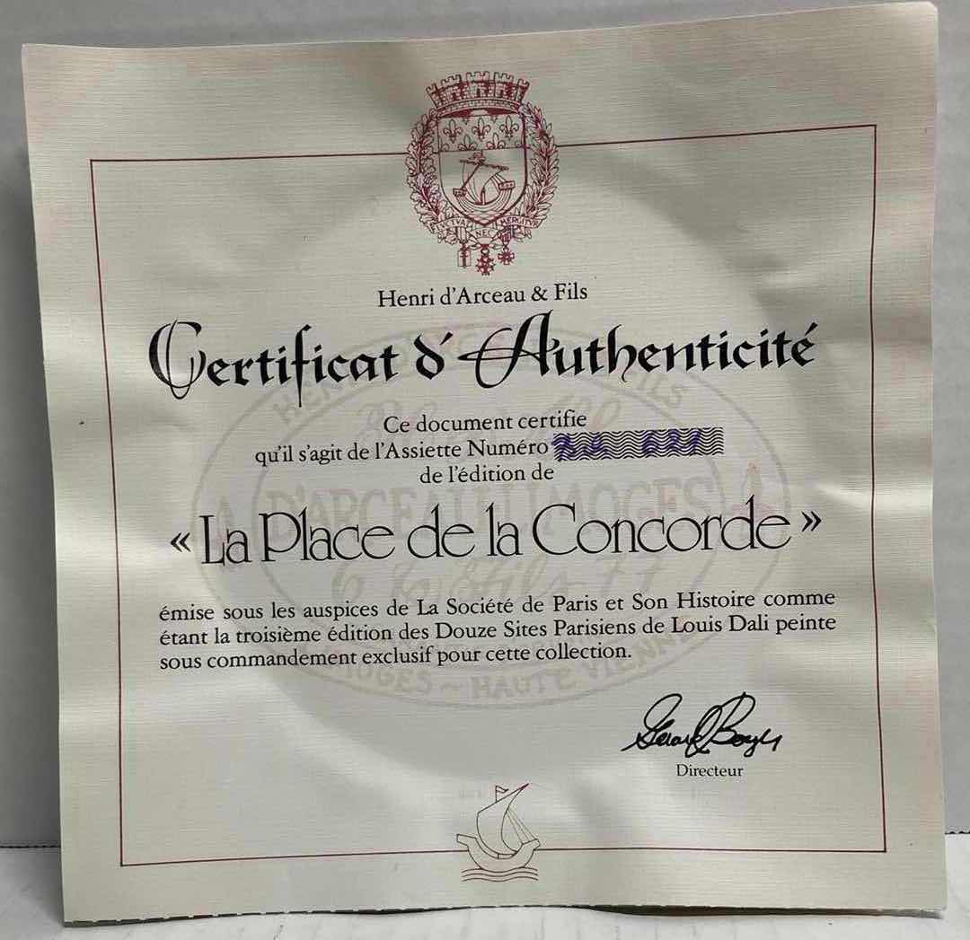 Photo 1 of HENRI D’ARCEAU & FILS “LA PLACE DE LA CONCORDE” BY LOUIS DALI FRENCH PORCELAIN PLATE 8.5” INCLUDES COA