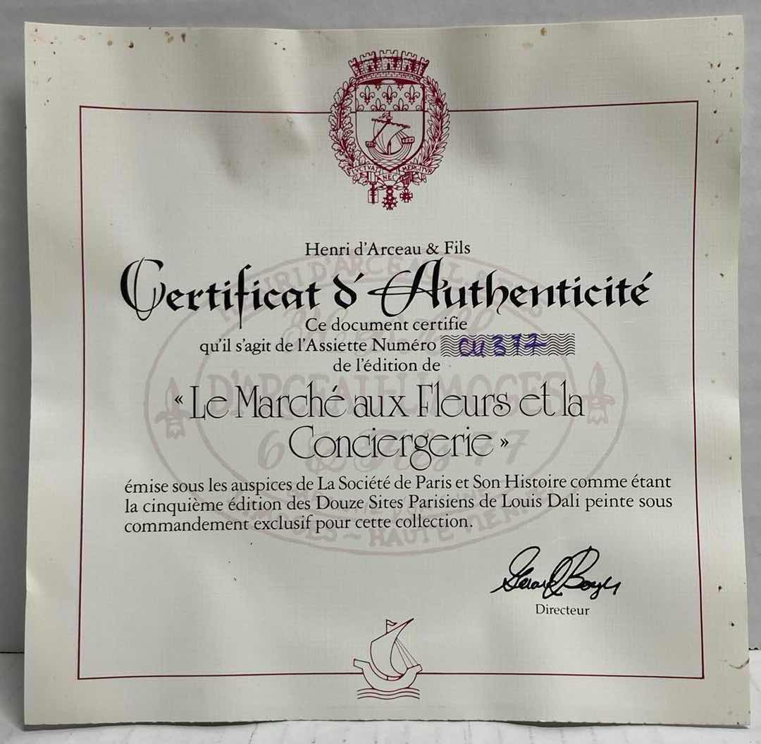 Photo 1 of HENRI D’ARCEAU & FILS “LE MARCHE AUX FLEURS ET LA CONCIERGERIE” BY LOUIS DALI FRENCH PORCELAIN PLATE 8.5” INCLUDES COA