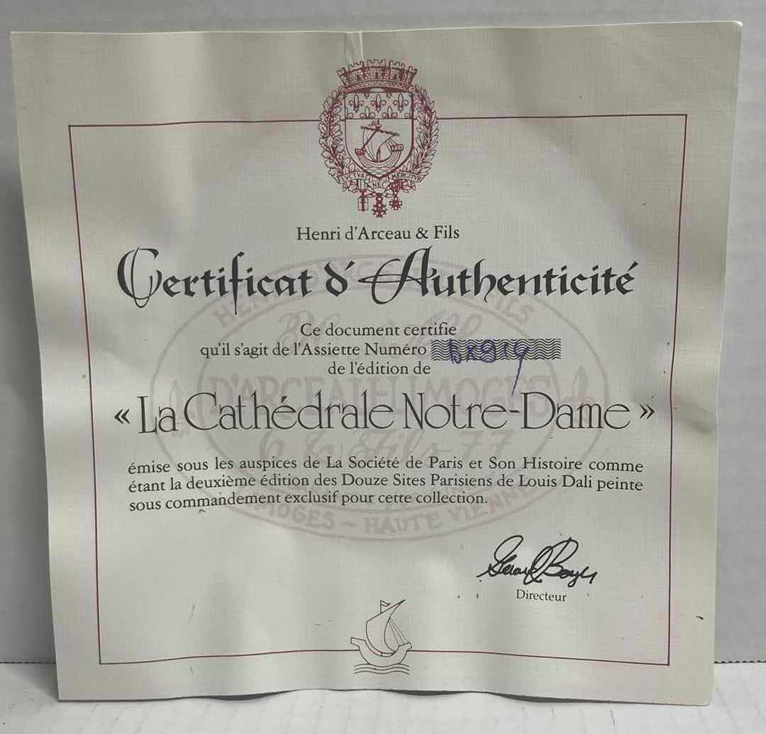 Photo 1 of HENRI D’ARCEAU & FILS “LA CATHEDRALE NOTRE DAME” BY LOUIS DALI FRENCH PORCELAIN PLATE 8.5” INCLUDES COA