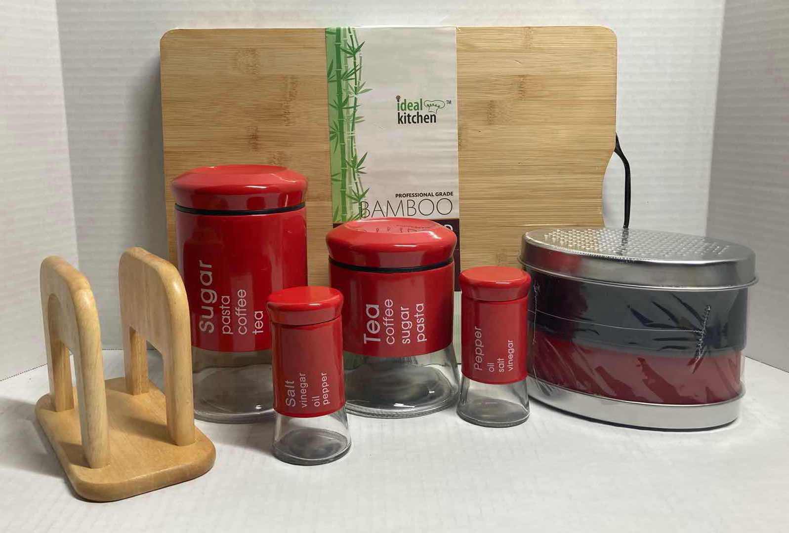 Photo 1 of BAMBOO CUTTING BOARD, WOODEN NAPKIN HOLDER, SET OF 4 CONTAINERS, & SET OF CLEESE GRATER CONTAINERS