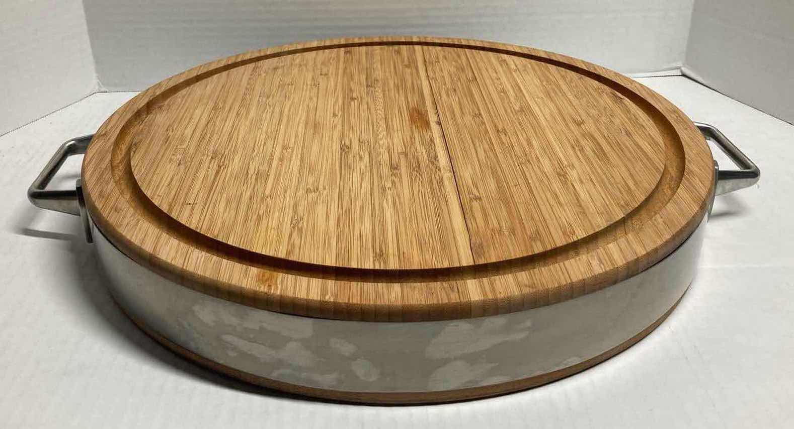 Photo 1 of CHARCUTERIE ROUND WOODEN REVERSIBLE CUTTING TABLE W METAL TRIM & HANDLES